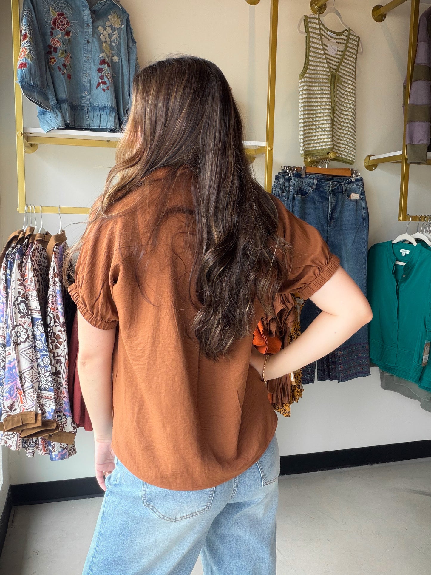 Brown Johnny Collar Blouse