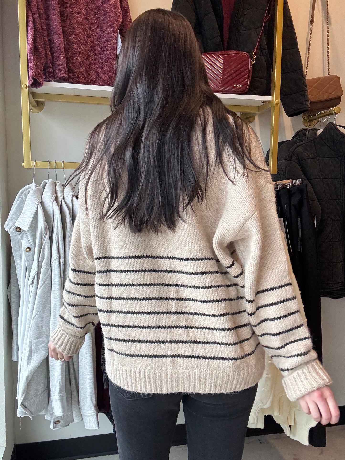 Oatmeal & Black Stripe Button Sweater