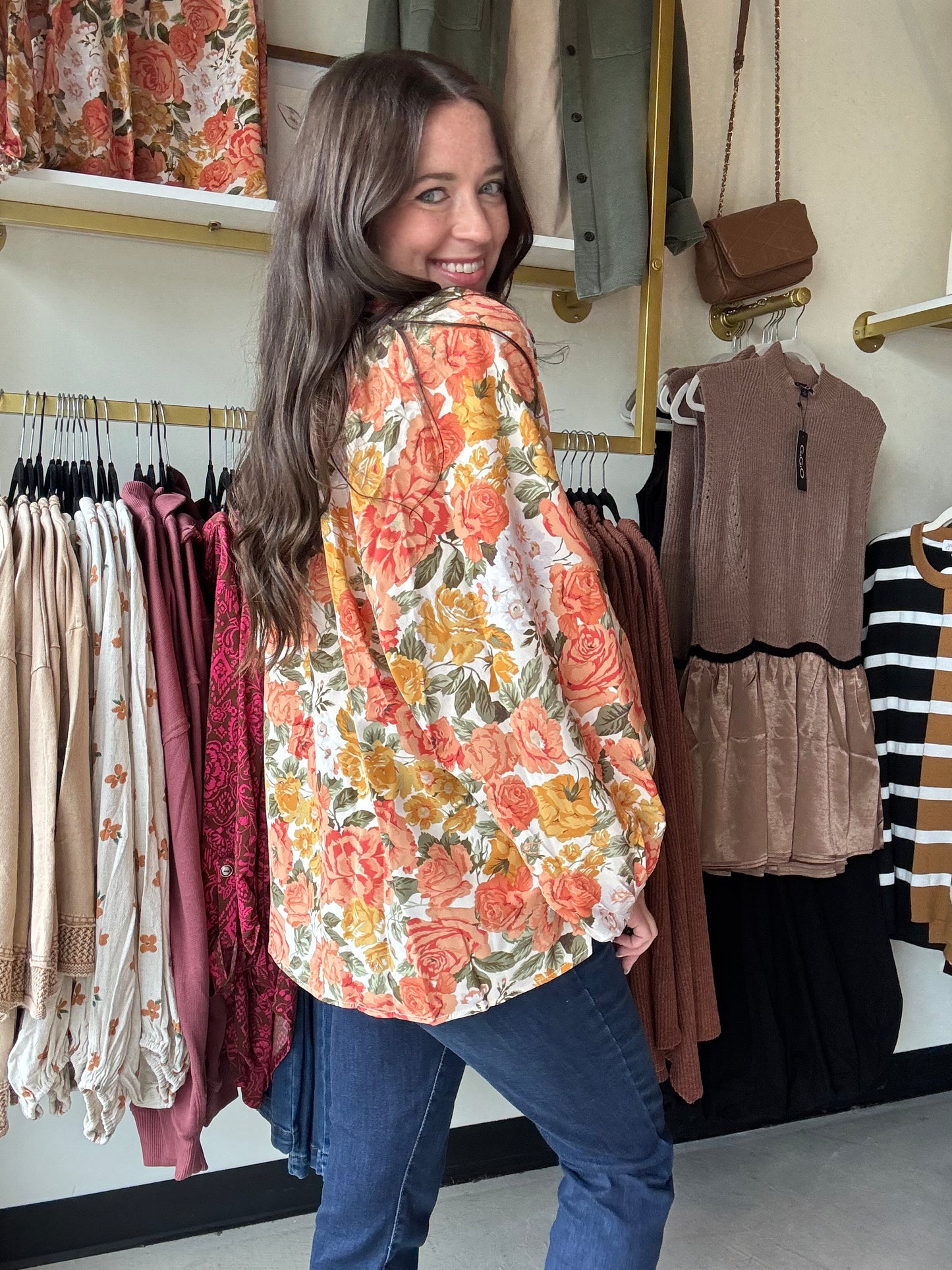 Orange Floral Balloon Sleeve Blouse