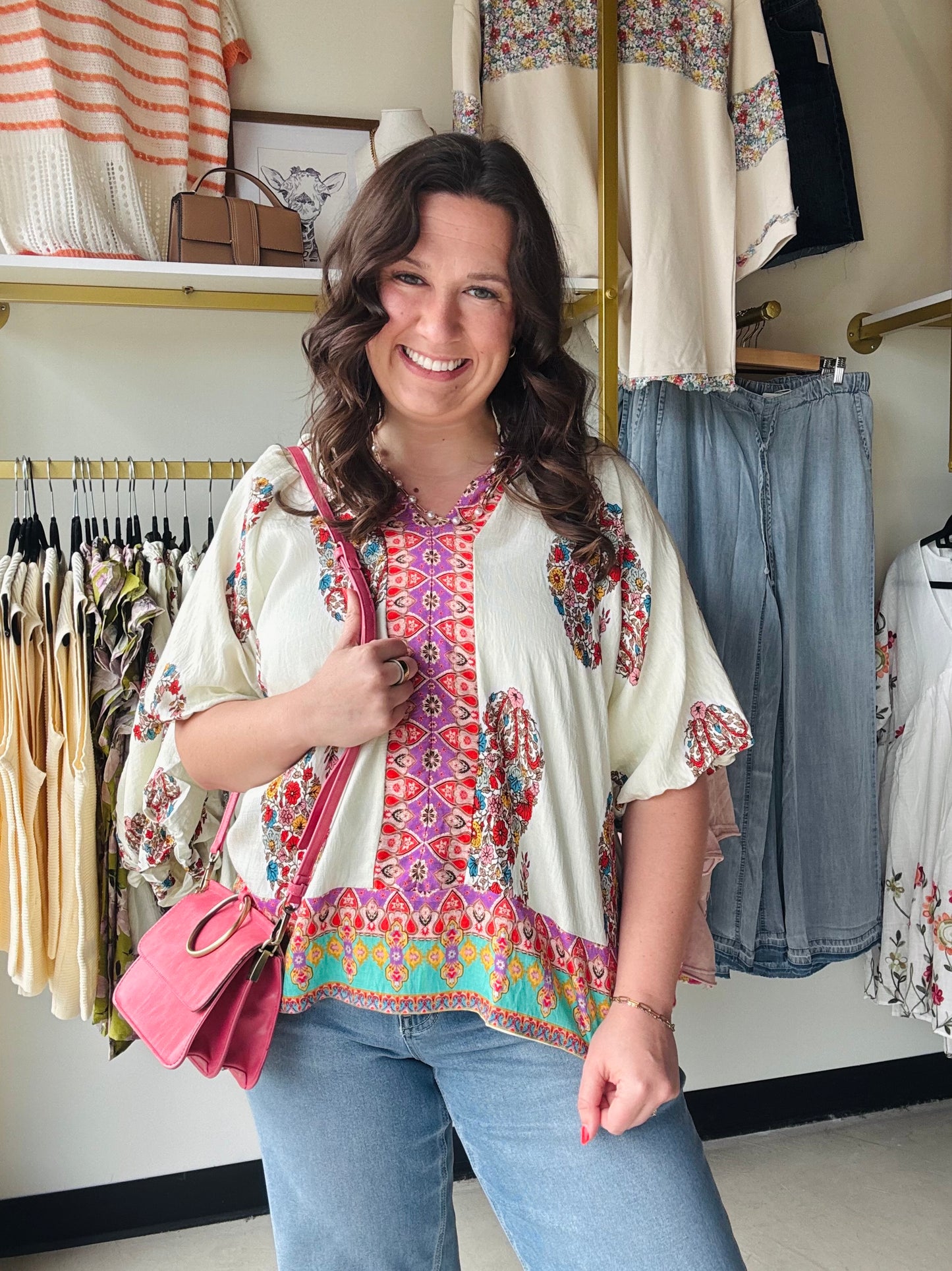 Ecru Paisley Border Trim Boho Top