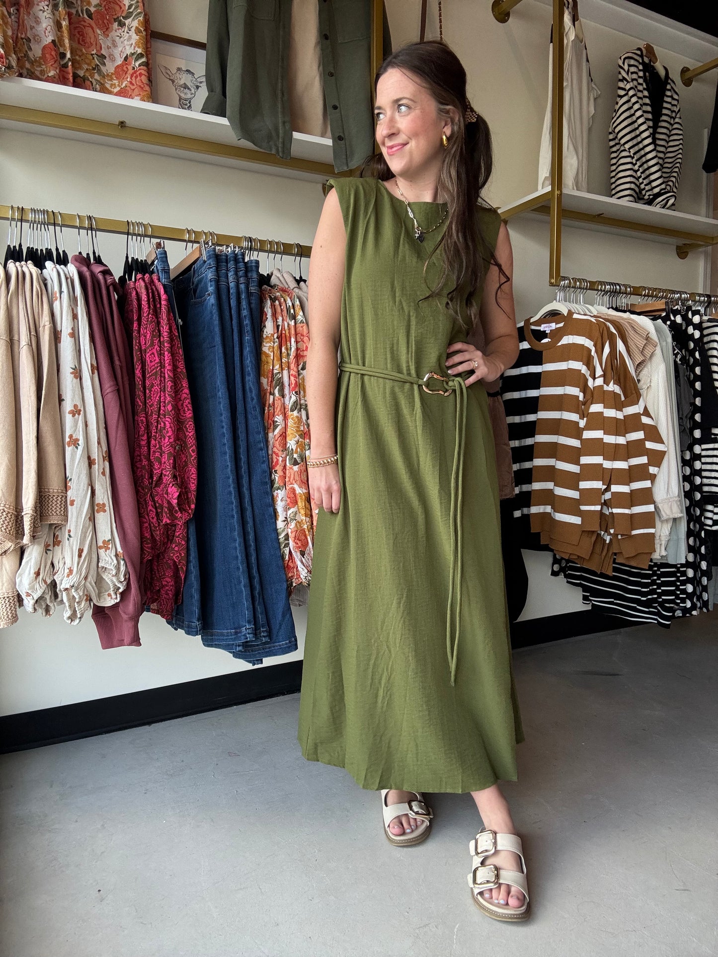Gold Accent Belt Midi Dress
