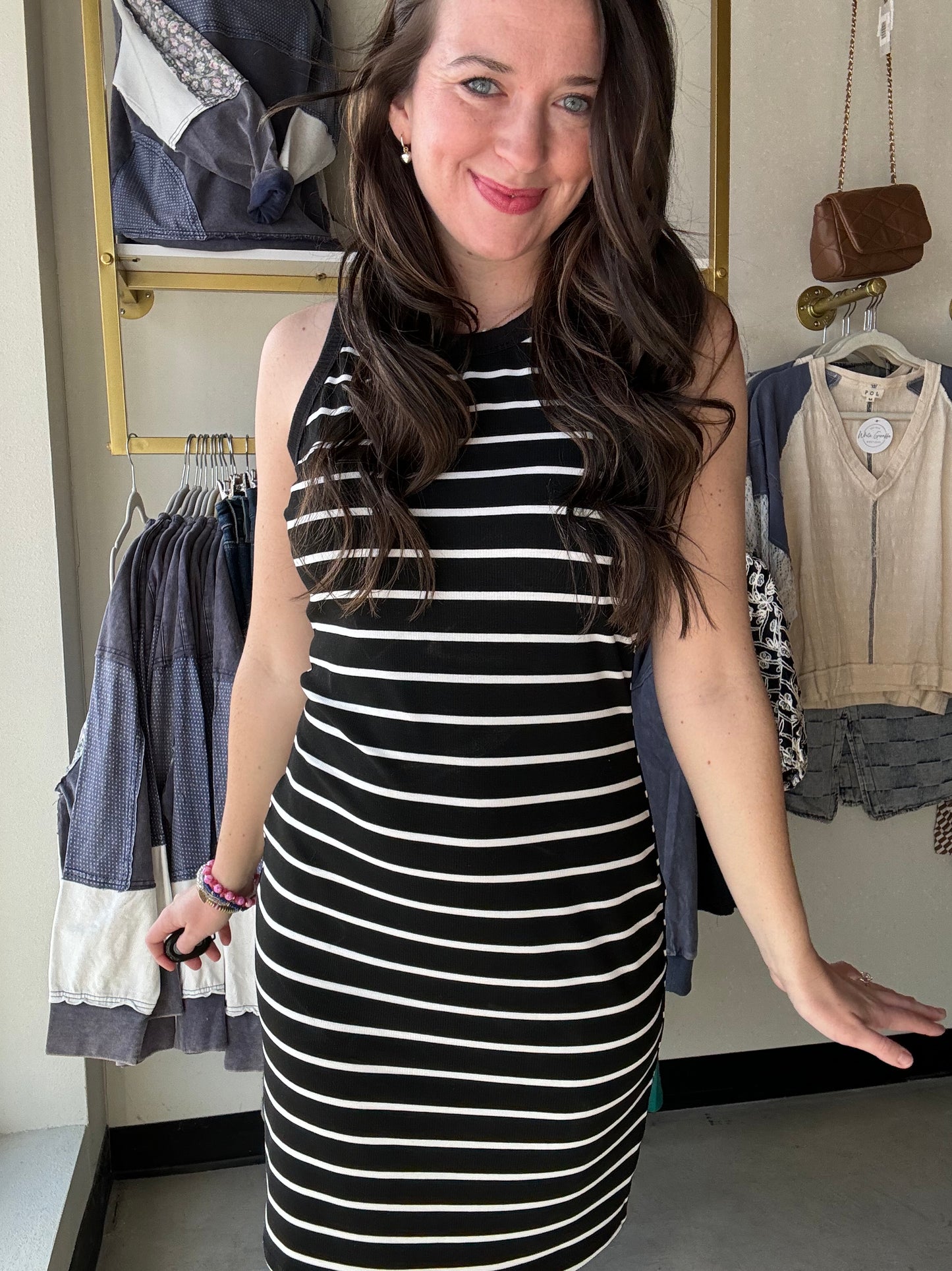 Mariah Ribbed Dress - Black Stripes