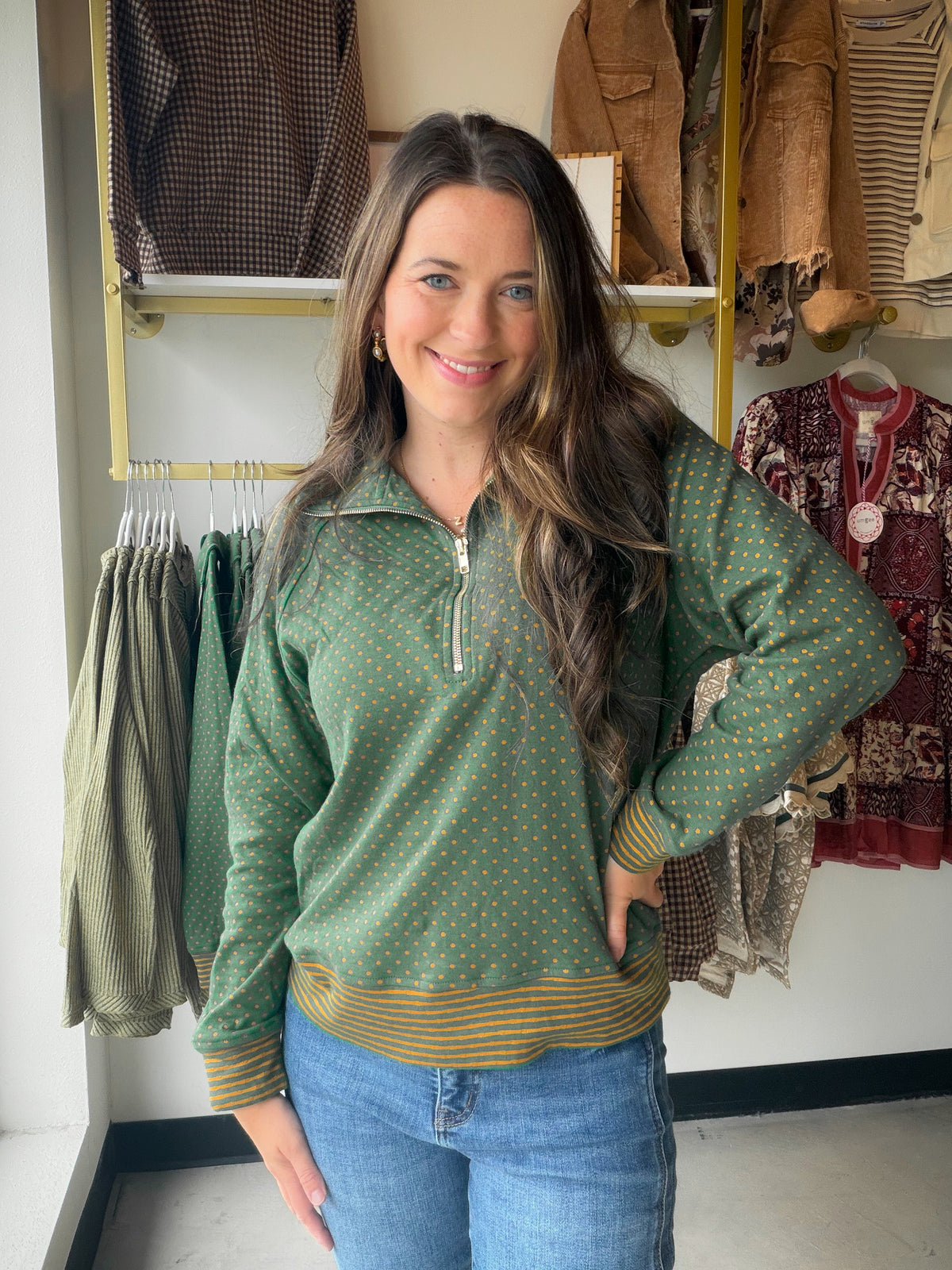 Green & Gold Polka Dot Half Zip