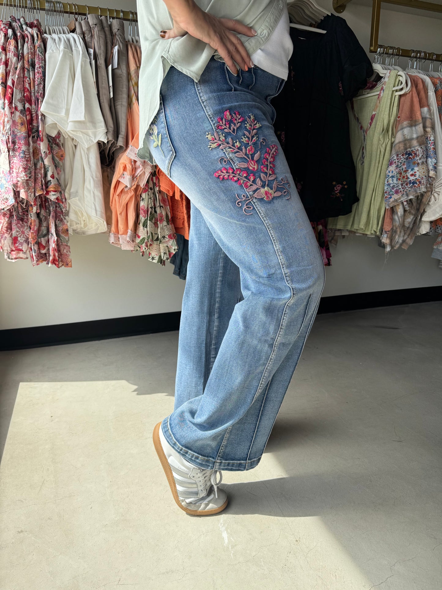 Floral Embroidered Darted Jeans