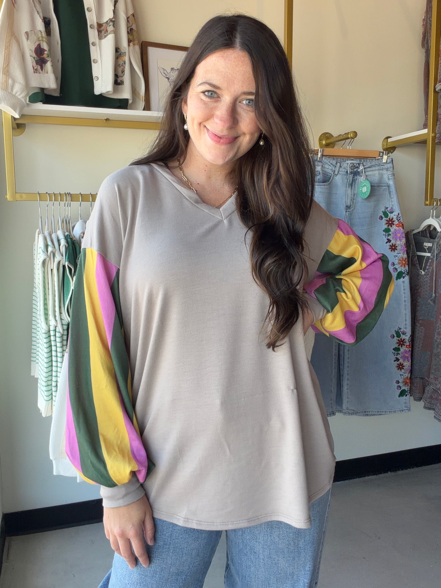 Taupe Accent Sleeve Brushed Top