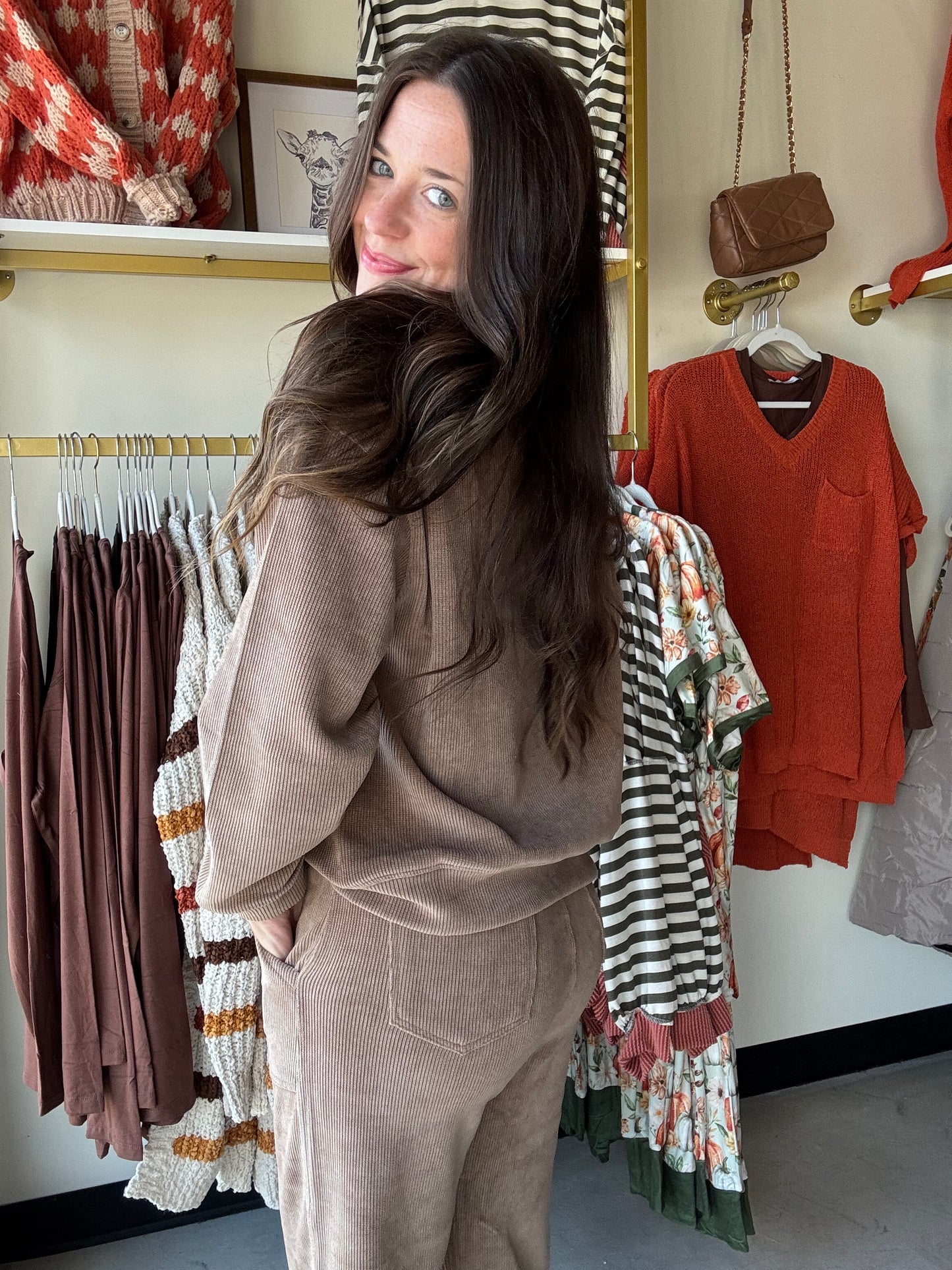 Khaki V Neck Corduroy Top