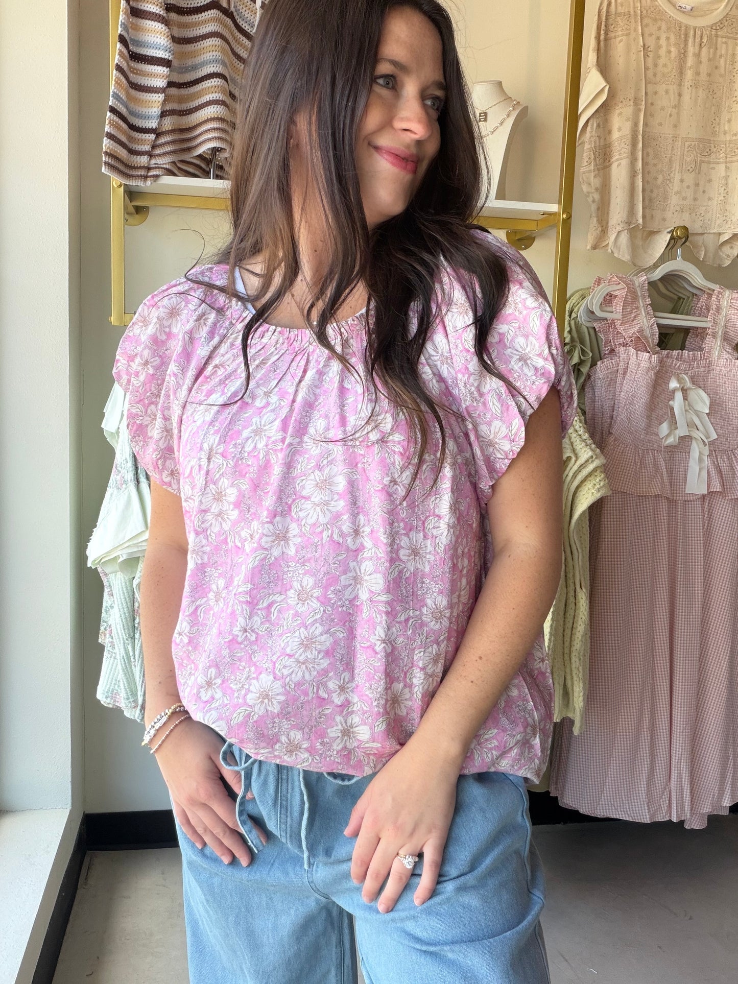 Pink Floral Puff Sleeve Top