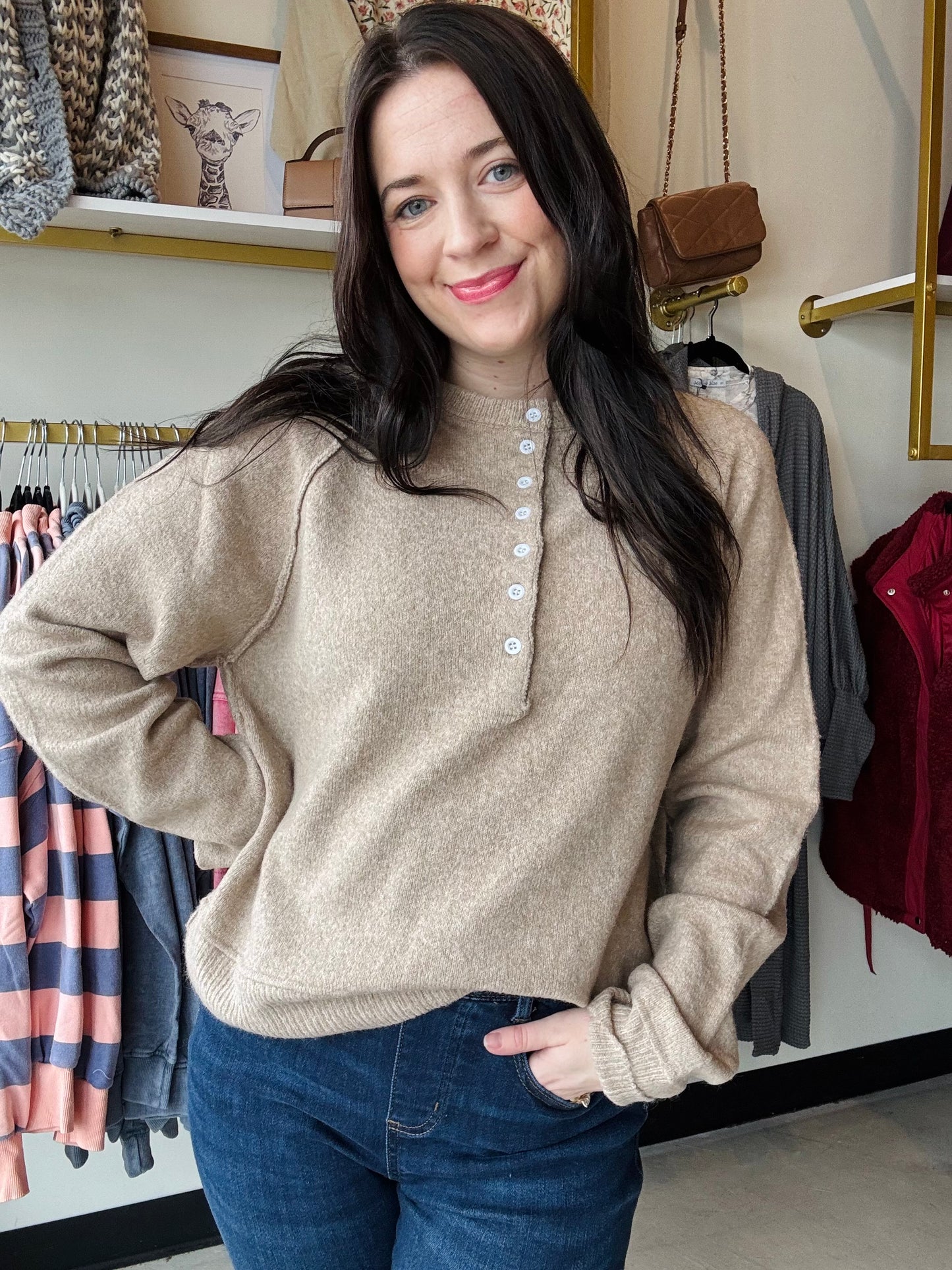Latte Button Crewneck Sweater