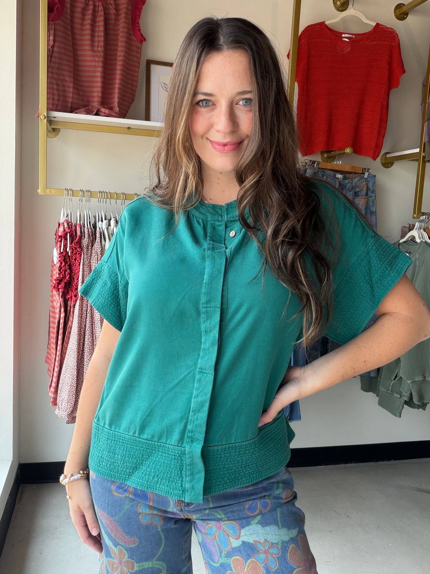 Spruce Button Trapunto Stitch Top