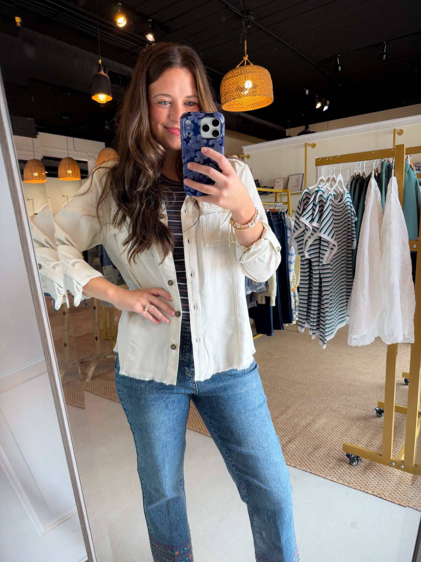Cream Fringe Roll Tab Jacket