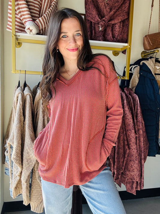 Brick Ribbed V Neck
