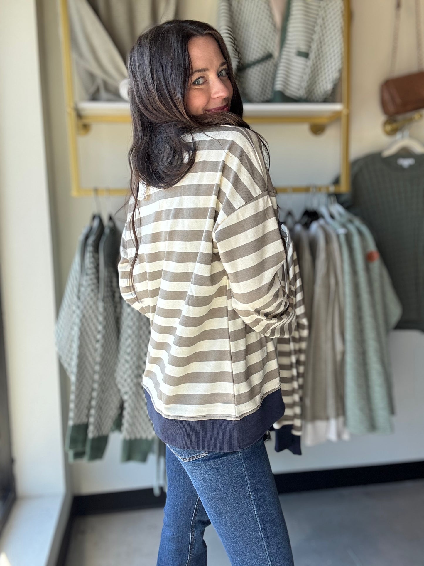 Olive & Navy Striped Pullover