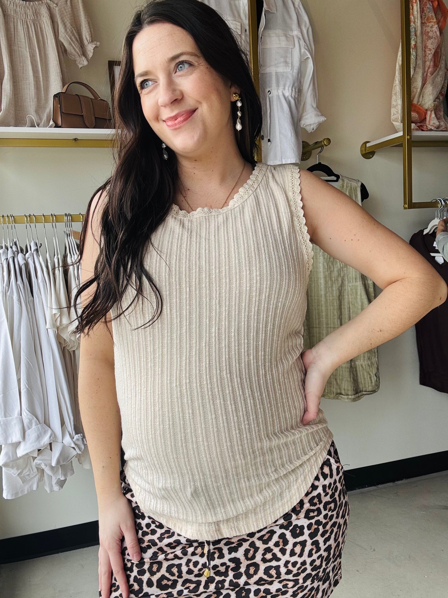 Beige High Neck Waffle Tank
