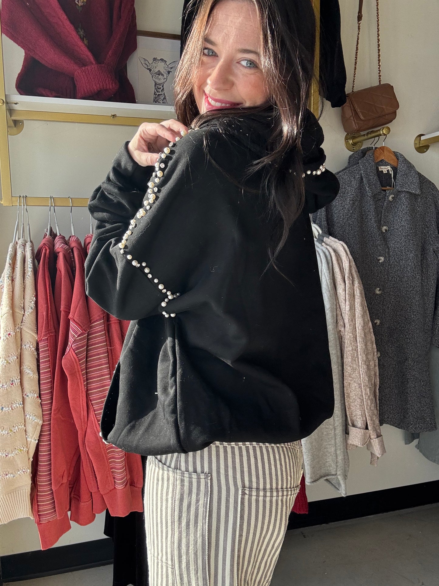 Black Terry Jeweled Half Zip