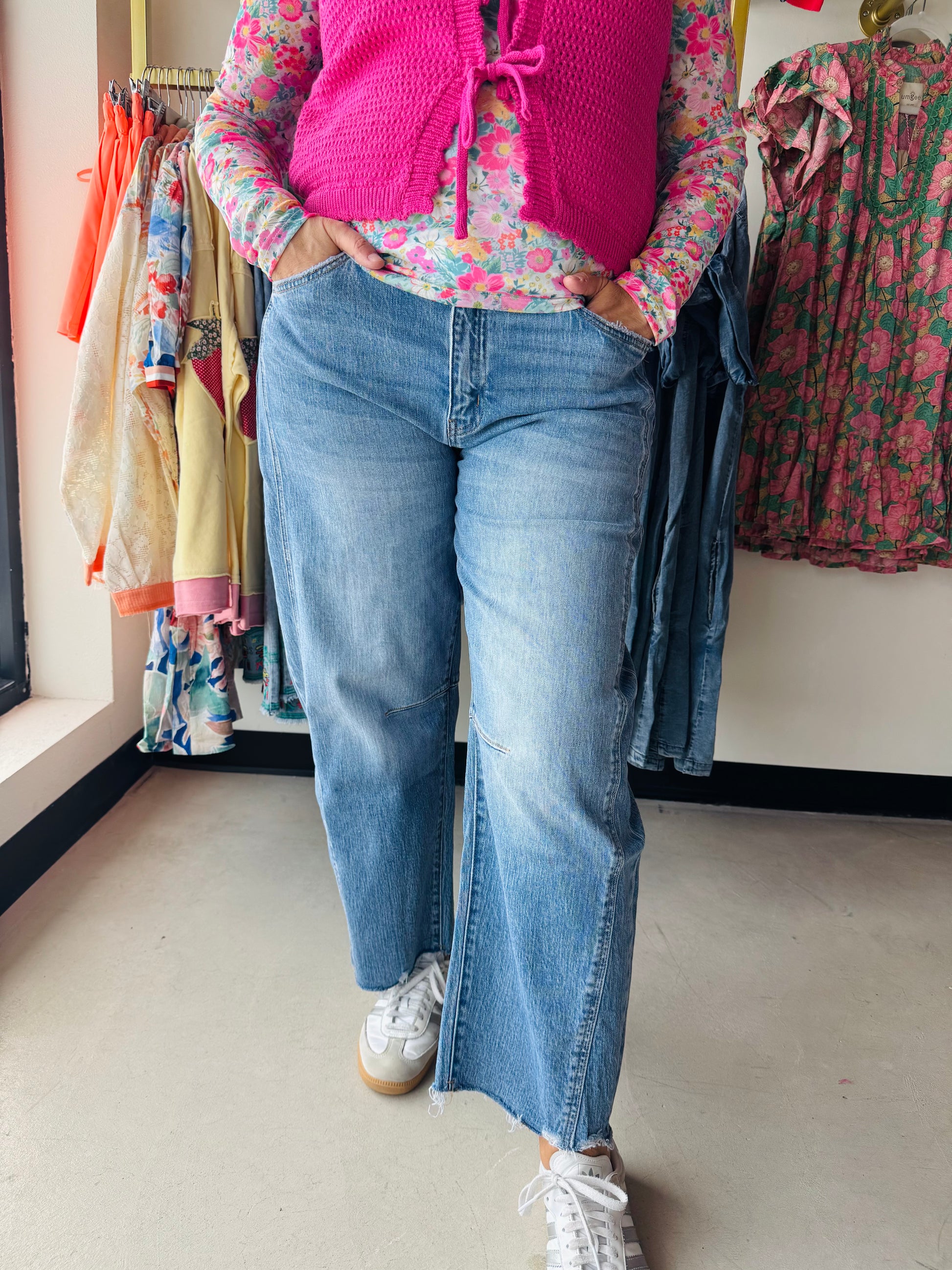 Elevate your denim game with the Kate High Rise Barrel Jeans. Crafted from comfortable stretch denim, these jeans feature a flattering high rise waist and cropped barrel silhouette that's perfect for any season. The medium wash pairs beautifully with the raw hem and distinctive seam detailing for an on-trend look. Five-pocket construction keeps your essentials secure while the stretch fabric ensures all-day comfort. A versatile staple that transitions effortlessly from casual to dressed-up styling.