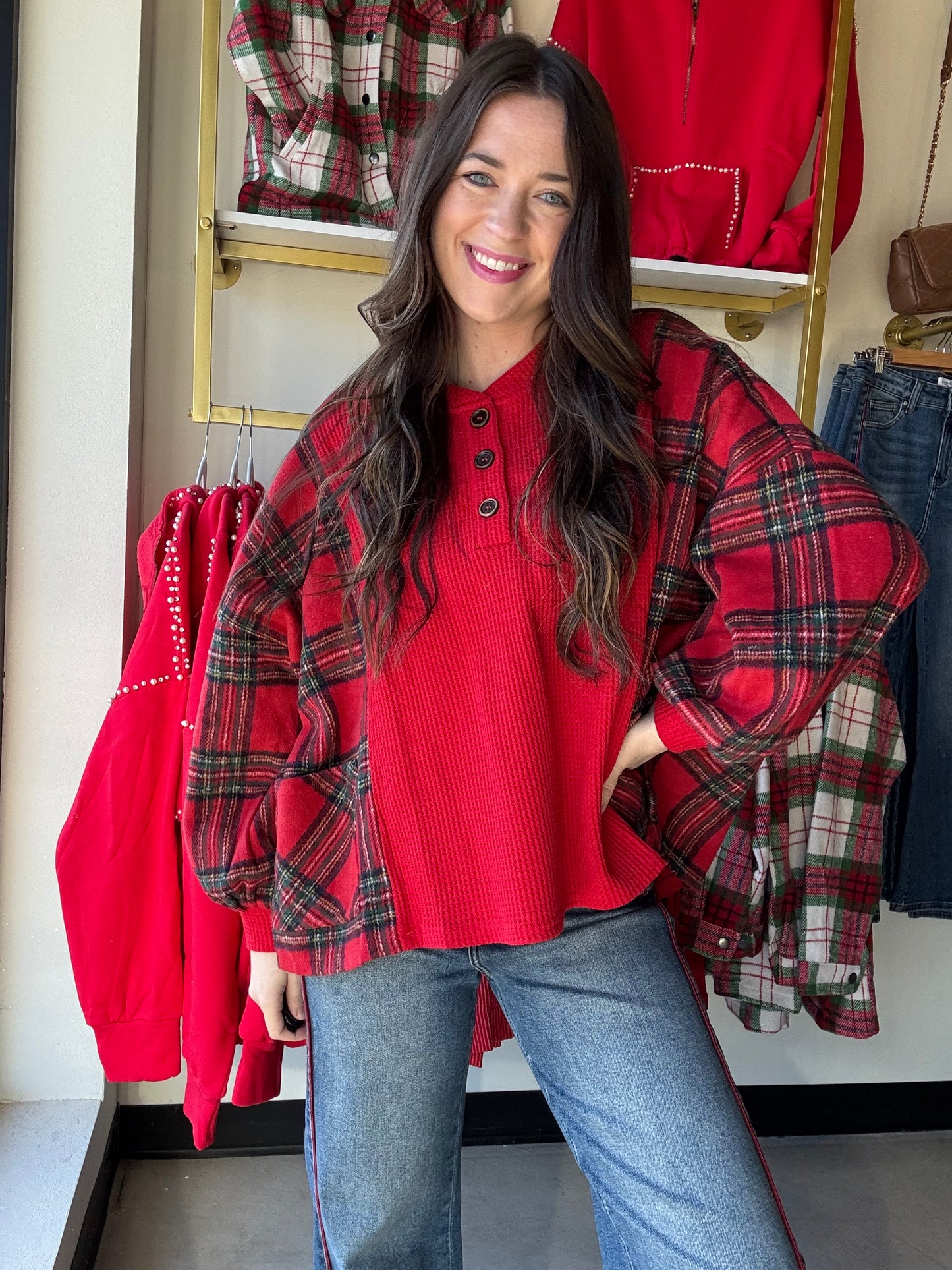 This cozy layered top combines soft plaid fleece with textured waffle knit for effortless style and warmth. Featuring functional button closures and convenient pockets, it's perfect for casual days or relaxed weekends. The mixed fabric design adds visual interest while the relaxed fit ensures all-day comfort. An easy-to-wear piece that transitions seamlessly from season to season.

Bibi