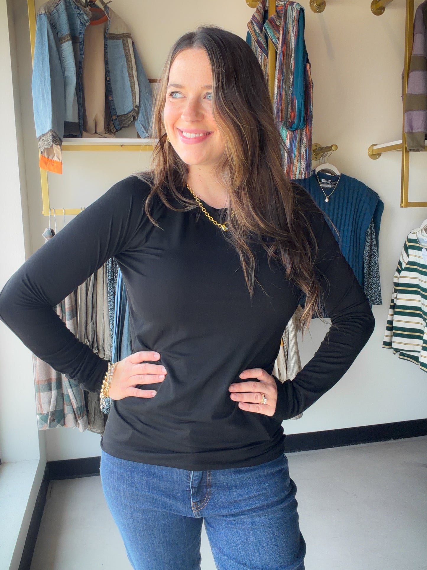 Michelle Mae

Effortlessly blend style and comfort with this long sleeve top. Designed with stretchy fabric, a fitted silhouette, added thumbholes and it features a high neck line for a chic touch. You can also tuck it in for a faux bodysuit look.&nbsp;

Fabric Content: 95% Rayon, 5% Spandex
Fabric Type: Soft, breathable knit
Stretch Factor: High stretch
Fit: Runs true to size&nbsp;
