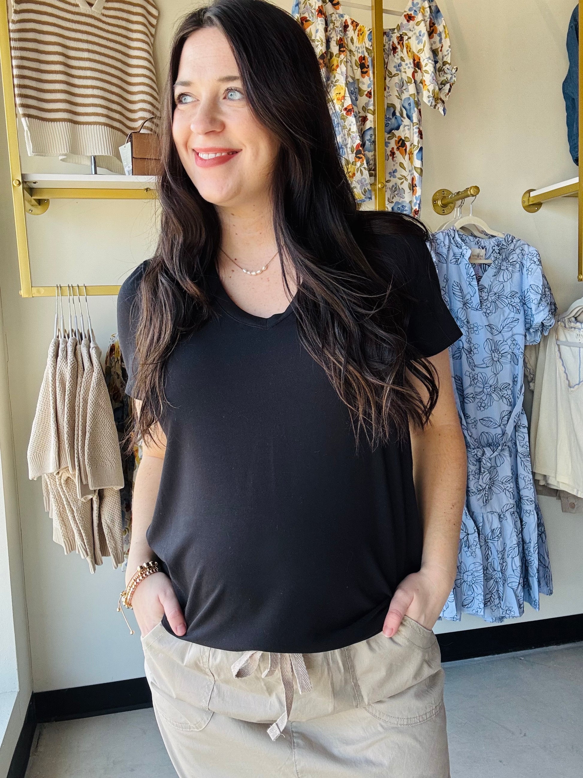Recreation by Thread &amp; Supply

Style Description:

The new buttery soft tee of your dreams. Classic short-sleeve tee featured in a relaxed fit with a V-neckline.

V&nbsp;neckline
Relaxed fit
Measurements for a size small:

Length: 25.5"&nbsp;
Chest: 18"
Sleeve length: 7"
Fabric Content/Care:&nbsp;

95% Lenzing Modal
5% Spandex
