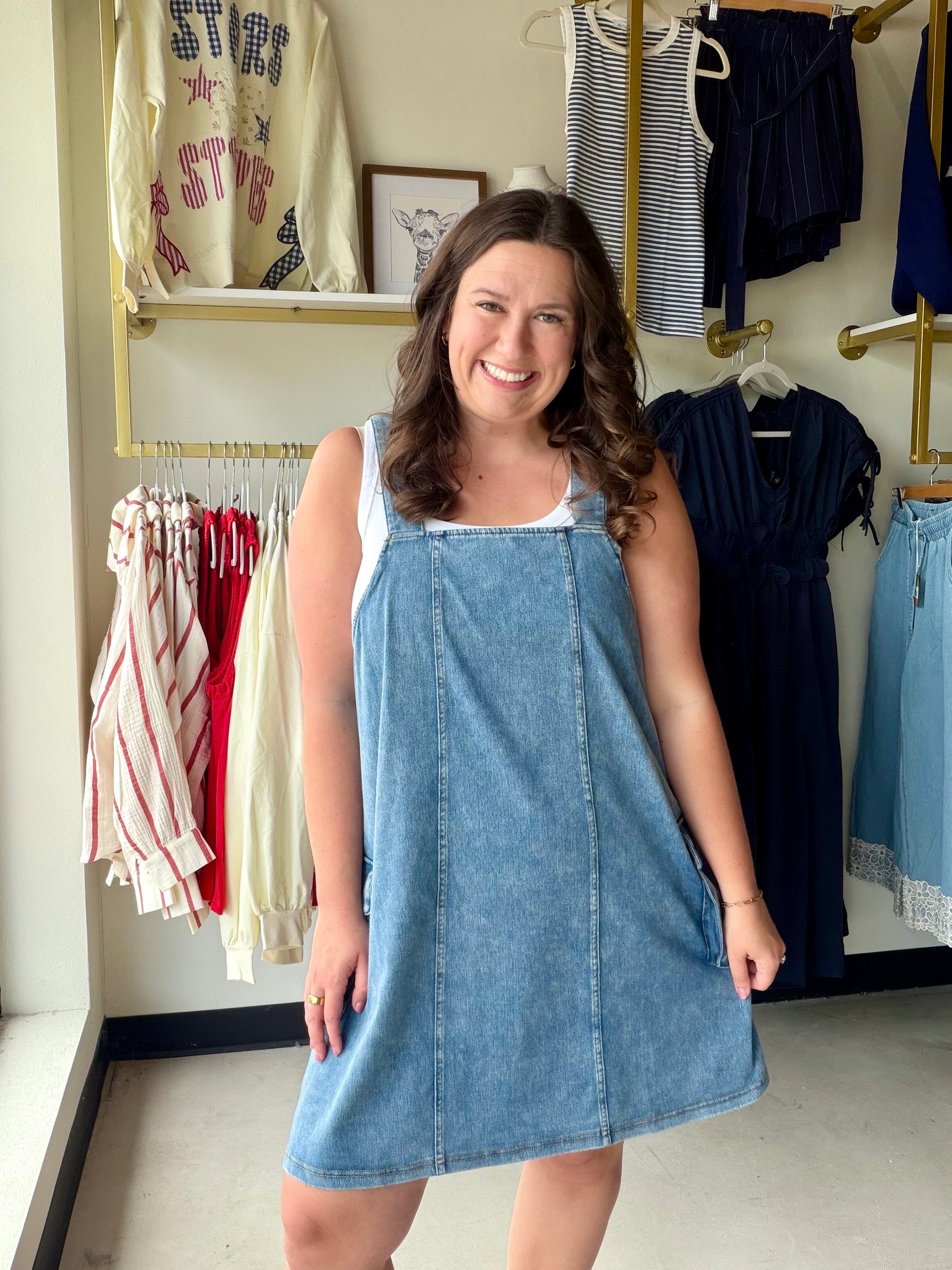 Trust us when we tell you this soft stretchy overall dress will be your GO to outfit! You're gonna want to live in this cute thing!&nbsp; Slip it on and you're ready to go! Ultimate stretch and large side pockets! Grab these quick!&nbsp;

FABRIC: Stretchy denim jogger style fabric&nbsp;

&nbsp;84% COTTON 16% POLY