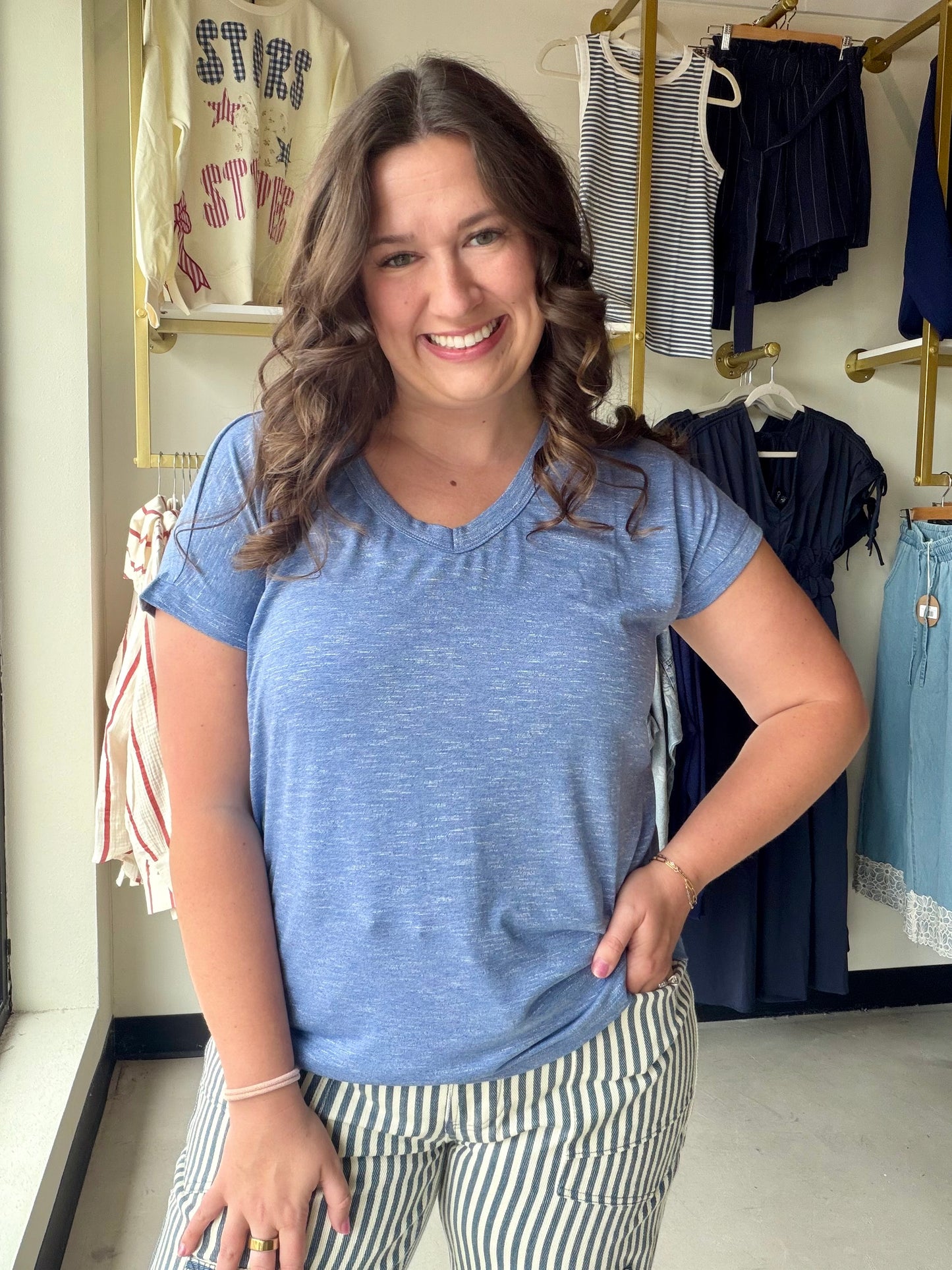 Staccato

Elevate your daily rotation with this buttery-soft Staccato tee featuring a premium denim-textured slub finish. Its flattering V-neck and breathable fabric deliver a chic, lived-in look that transitions effortlessly from lounging to lunch dates.

Buttery soft premium slub fabric.
Flattering V-neck for effortless style.
Unique denim-inspired textured finish.
Breathable short sleeves for comfort.
Versatile fit for easy layering.
Durable quality for everyday wear.
Chic, lived-in luxury aesthetic.
