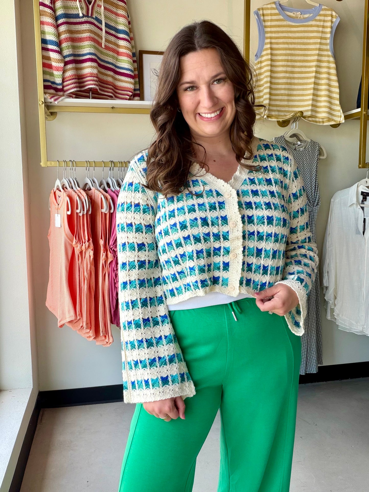 Boho-chic meets effortless layering. The Blue Scalloped Crochet Cardigan is a dreamy open-front style with a V-neckline, long sleeves, and a relaxed fit that drapes beautifully over any outfit. The delicate scalloped edge and crochet texture add just the right amount of detail to elevate a simple tee or sundress.

Button closure keeps it versatile — wear it open for a breezy, laid-back look or fastened for a more polished feel. One size fits most.

V-neckline with button closure
Long sleeve, relaxed fit
Sca