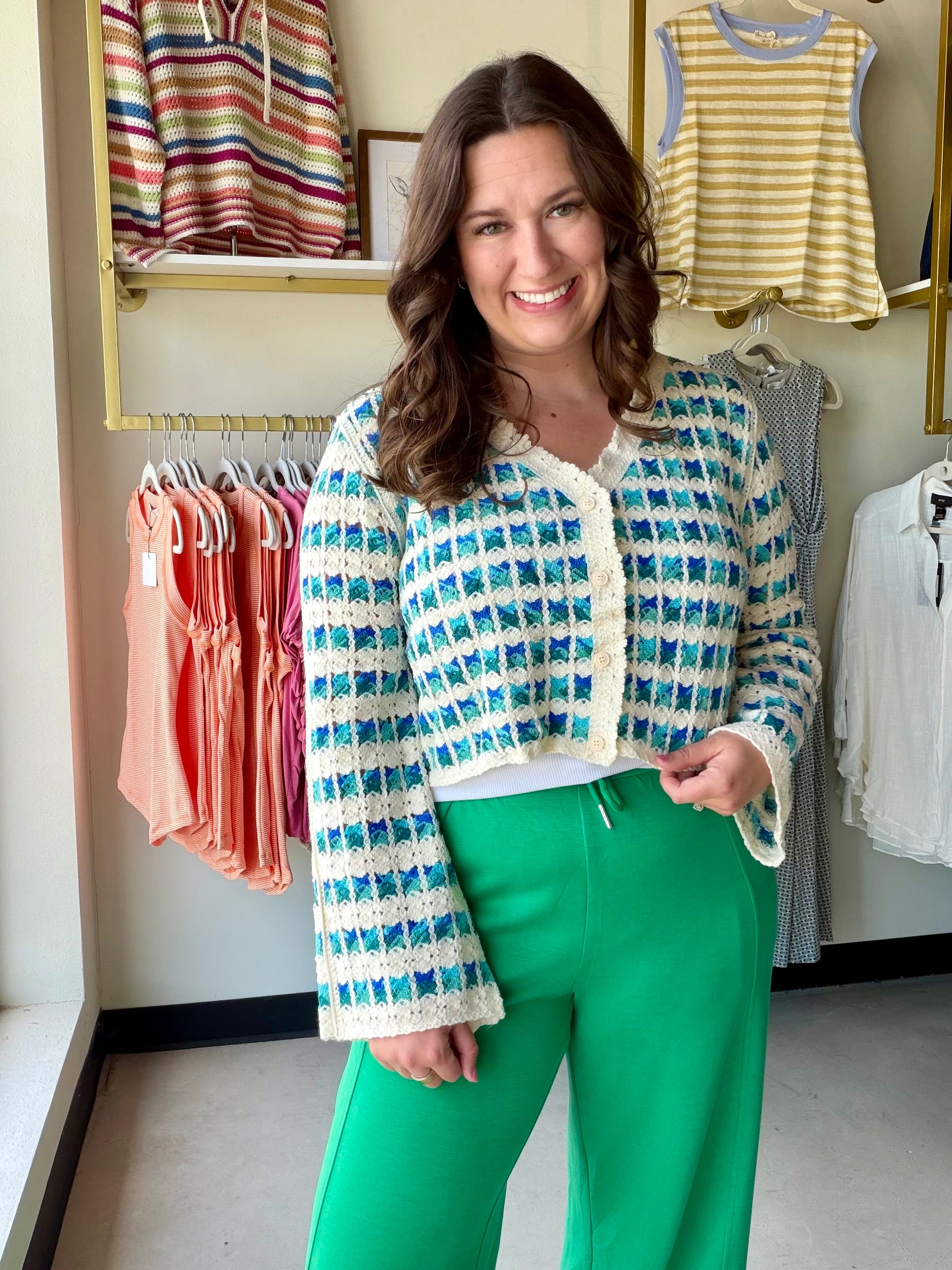 Boho-chic meets effortless layering. The Blue Scalloped Crochet Cardigan is a dreamy open-front style with a V-neckline, long sleeves, and a relaxed fit that drapes beautifully over any outfit. The delicate scalloped edge and crochet texture add just the right amount of detail to elevate a simple tee or sundress.

Button closure keeps it versatile — wear it open for a breezy, laid-back look or fastened for a more polished feel. One size fits most.

V-neckline with button closure
Long sleeve, relaxed fit
Sca