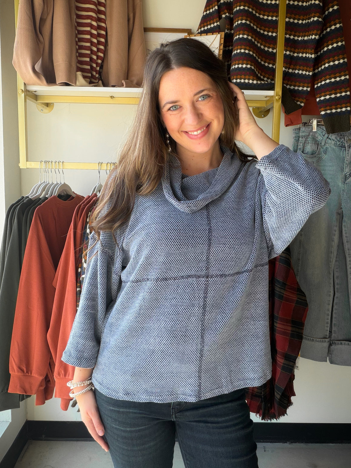 Everyday Blue, Beautifully Detailed

Give your everyday sweater rotation a fresh point of view with the Denim Exposed Stitch Sweater by Creation. Its denim-blue shade and finely textured knit bring an easygoing feel, while exposed seam detailing adds definition across the front. A draped cowl neckline finishes the look with a little extra personality, no scarf required.

Picture a leisurely lunch with friends, a morning browsing your favorite shops, or a casual workday when you want to look pulled together 