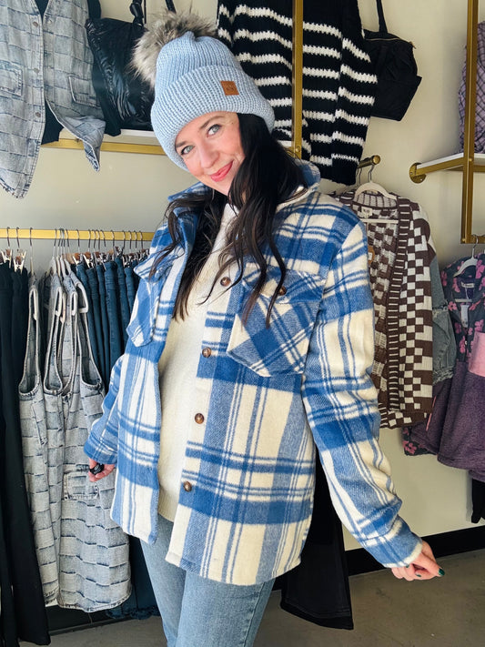 Royal blue and cream plaid jacket

Button closure

Two front pockets at the bust

Side pockets

Relaxed fit
Fully lined

Imported garment

100% Polyester