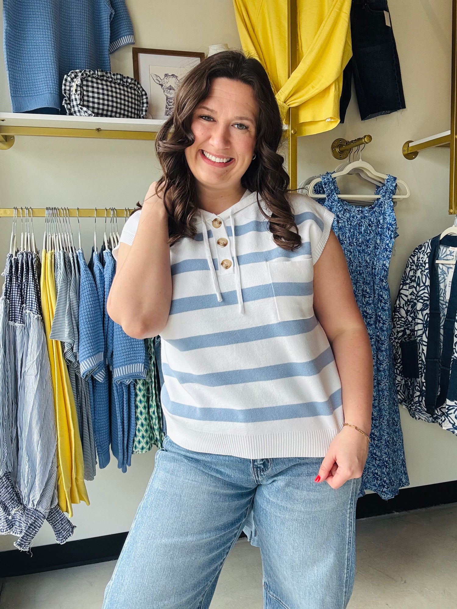 Blue and white striped tank top light sweater