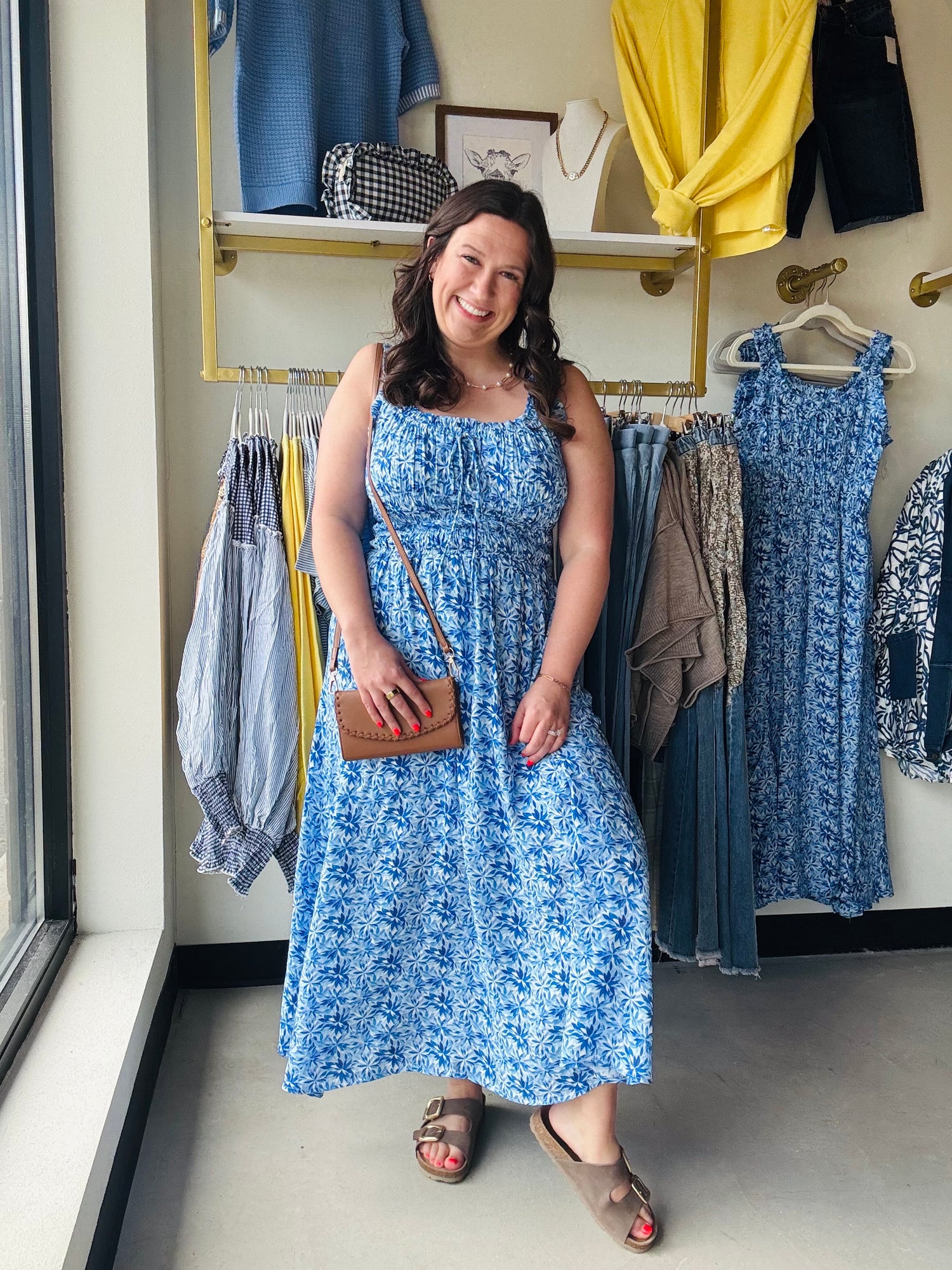Blue floral print strapless maxi dress