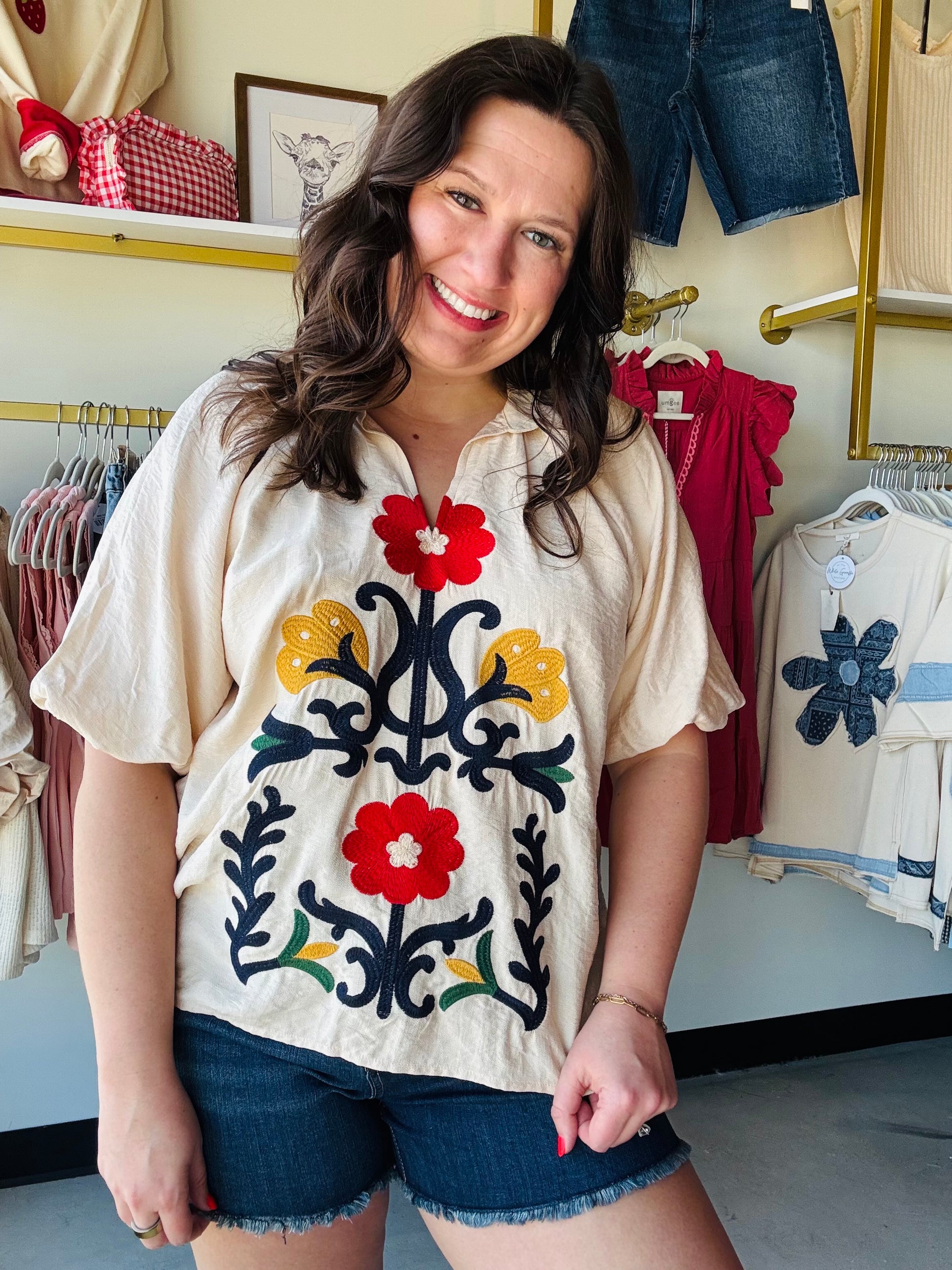 Umgee

Embrace effortless elegance with this stunning Umgee embroidered boho blouse. Featuring vibrant floral stitching and breezy bubble sleeves, it’s the perfect lightweight piece for sunshine-filled days and weekend escapes.

Vibrant multicolor floral embroidery
Flattering split V-neckline
Chic dolman bubble sleeves
Breathable viscose-nylon blend
Effortless relaxed boho fit
Versatile oatmeal neutral shade
