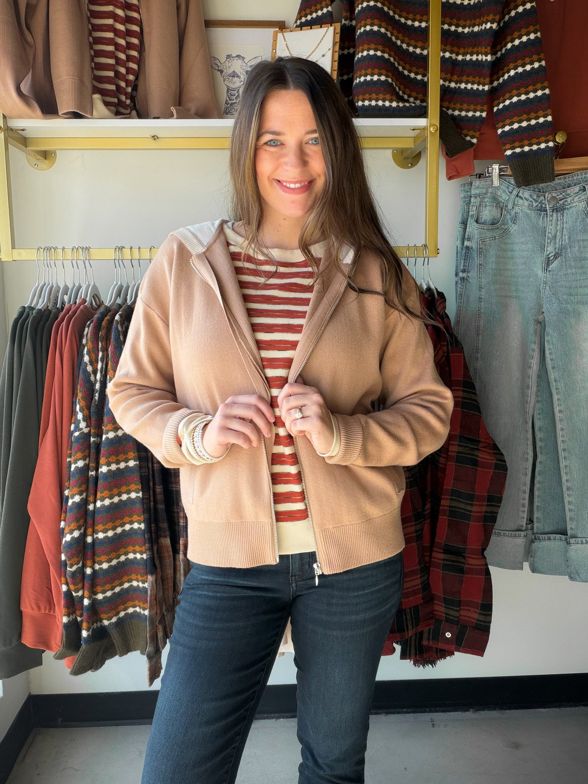 Taupe Zip Up Sweater Hoodie