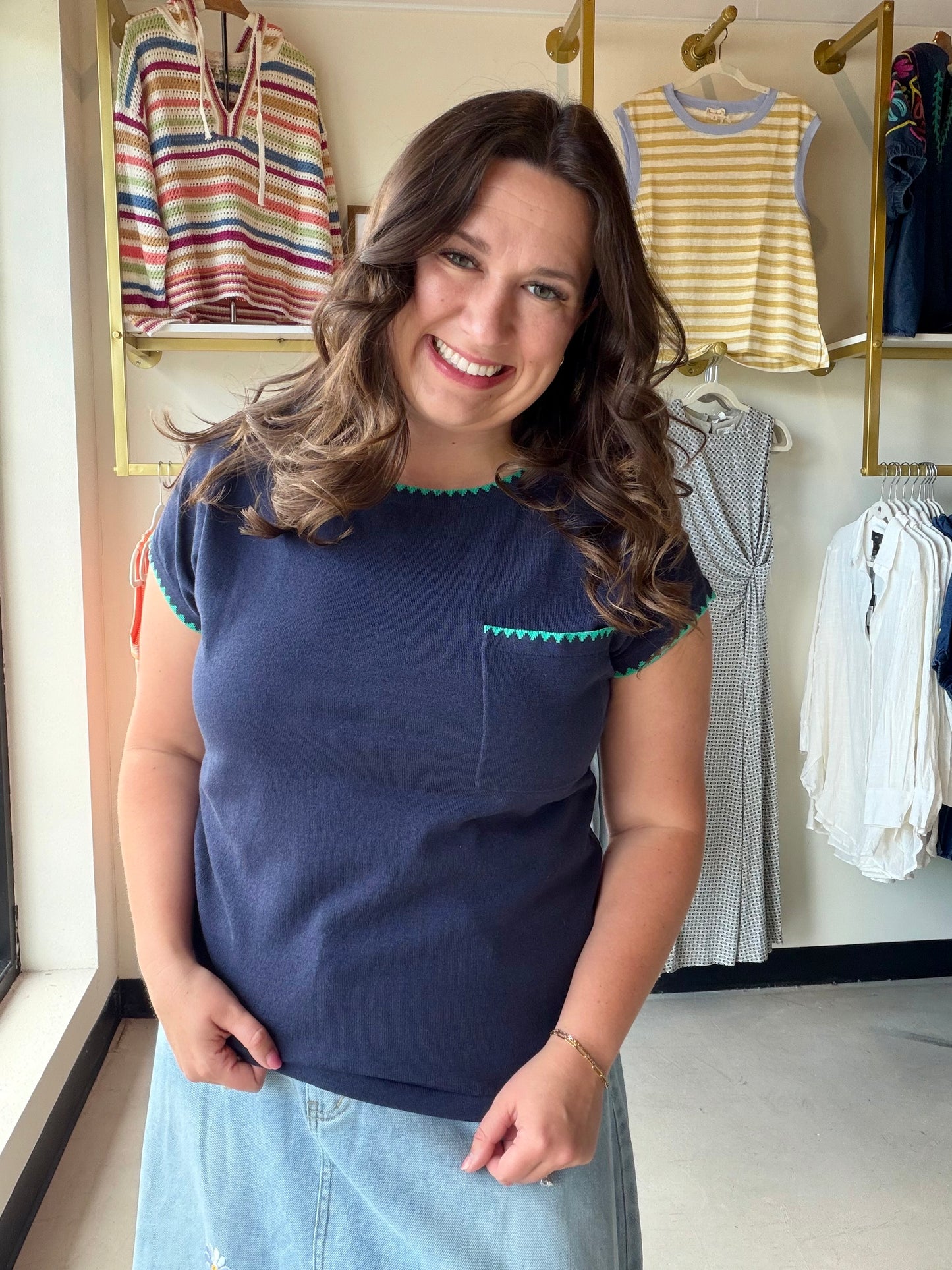 Navy Blanket Stitch Sweater