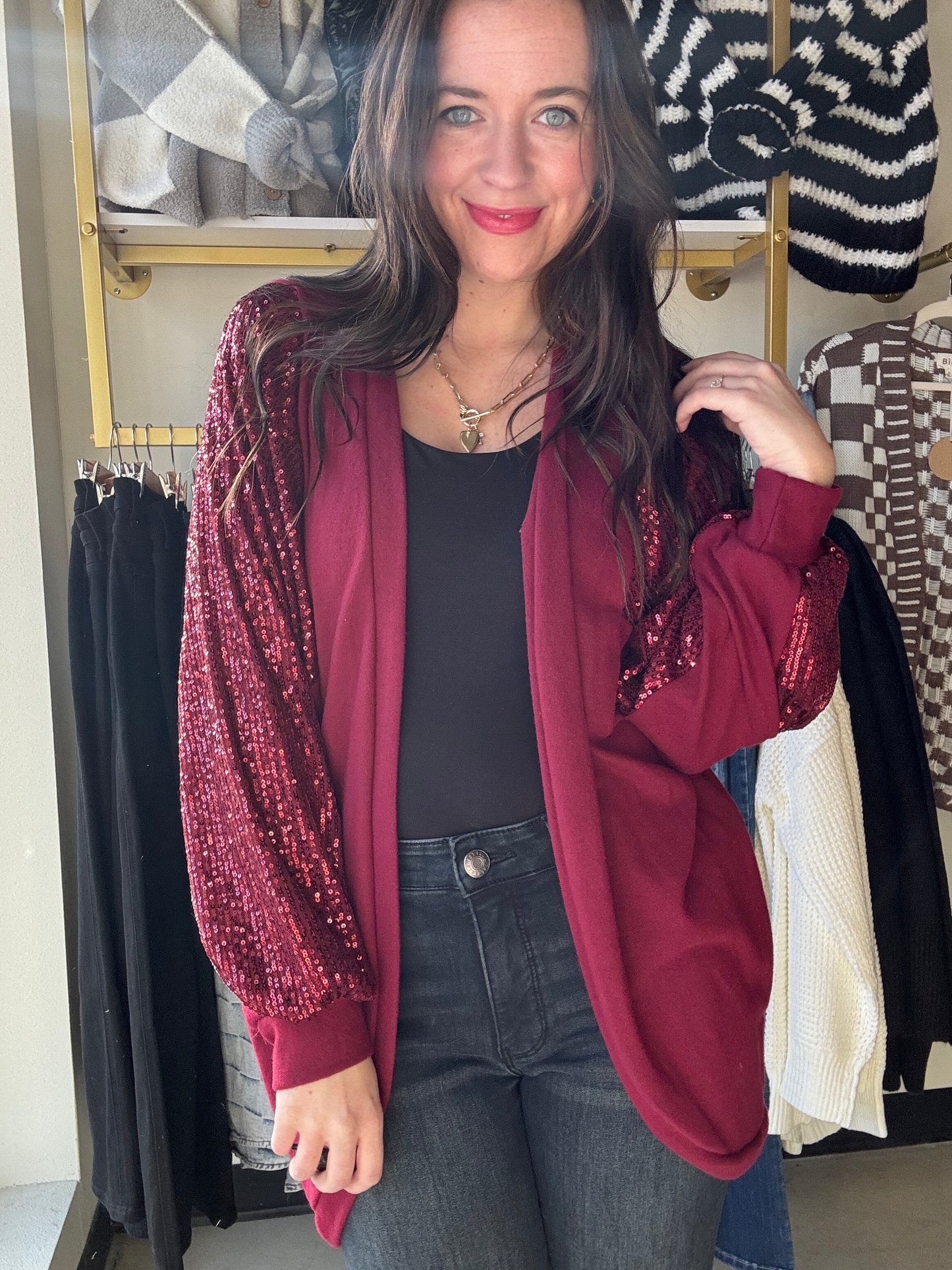 Burgundy Sequence Contrast Cardigan