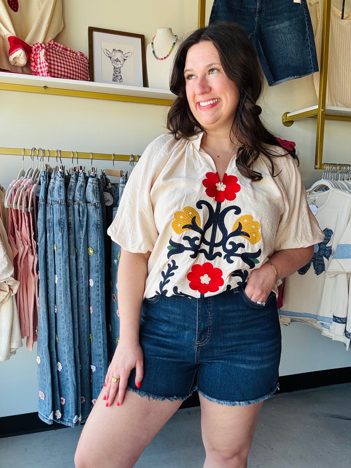 Oatmeal Bubble Sleeve Embroidered Blouse
