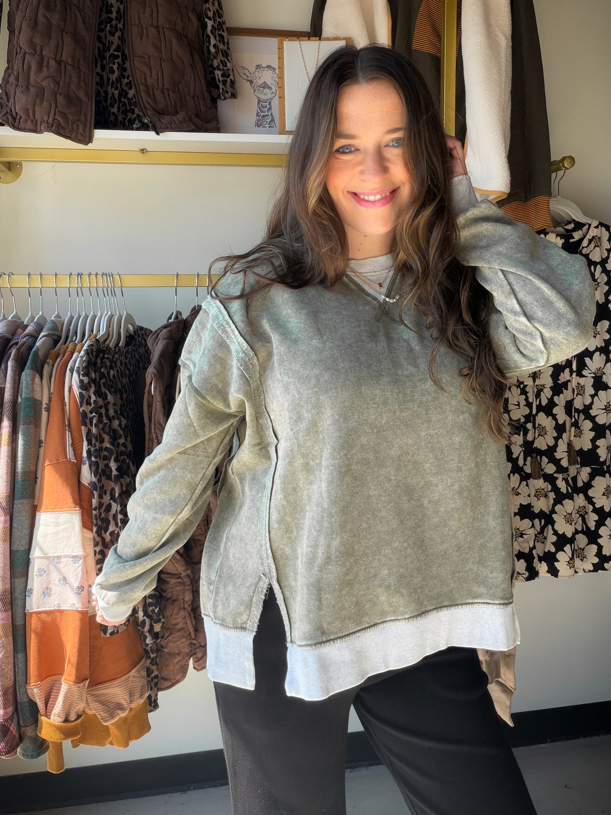 Light Olive Acid Wash Pullover