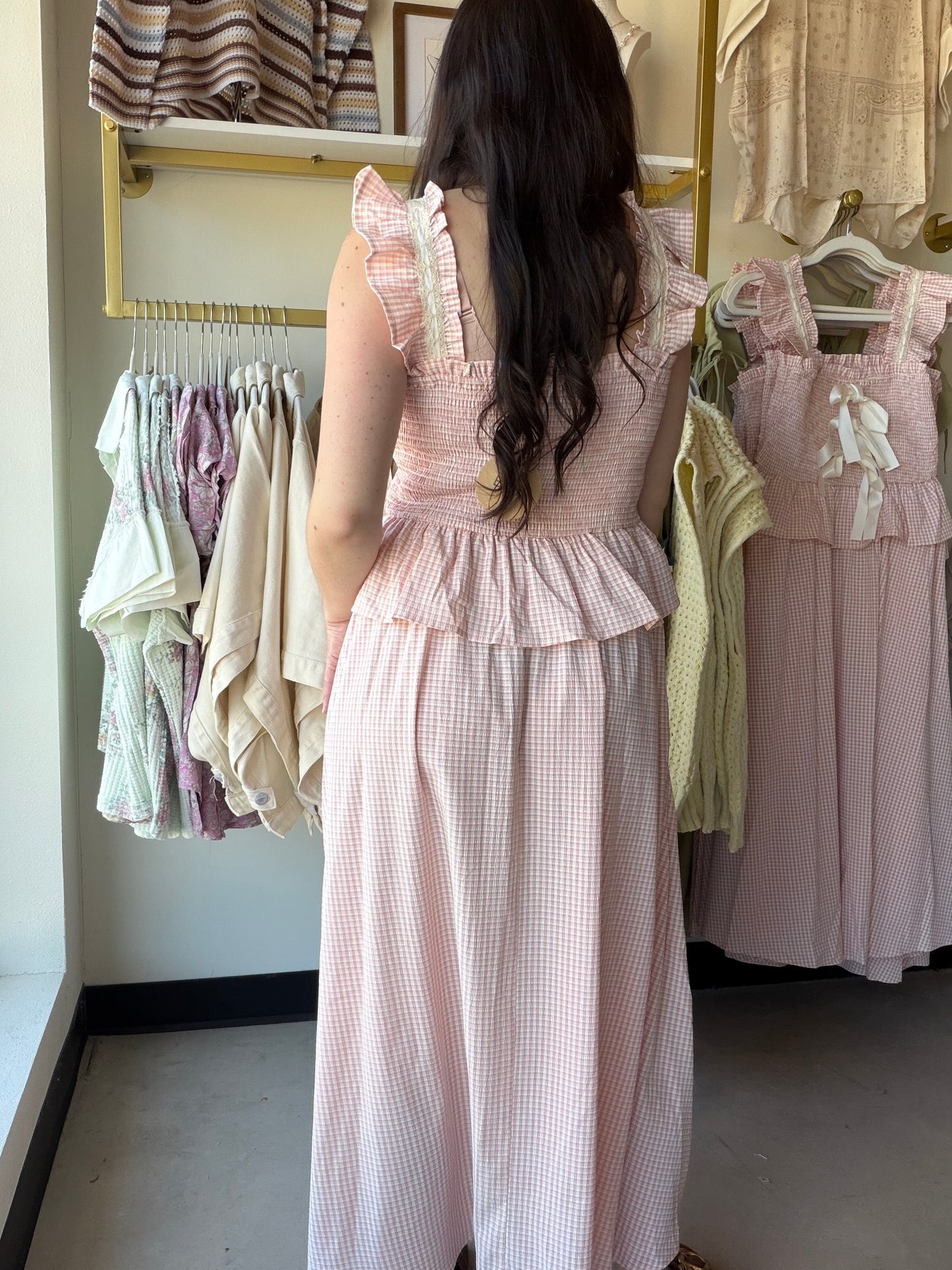 Blush Gingham Smocked Midi Dress