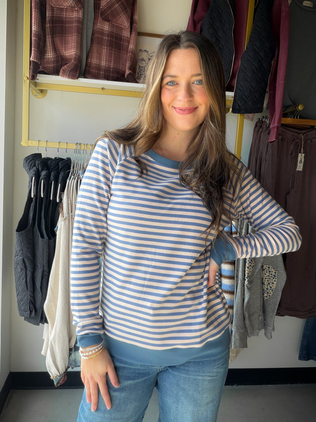 Blue & Pink Stripe Brushed Pullover