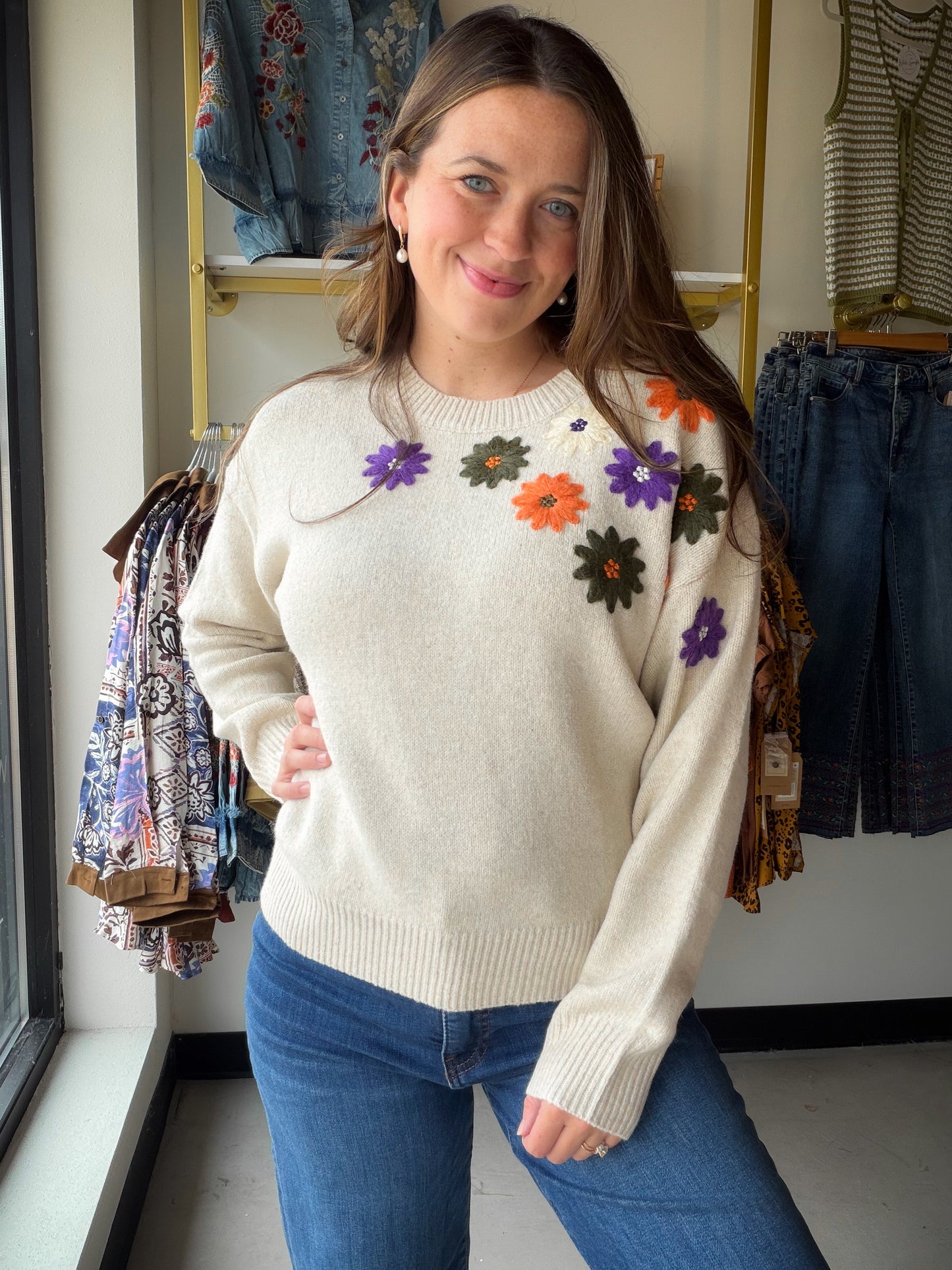 Beige Fall Floral Sweater