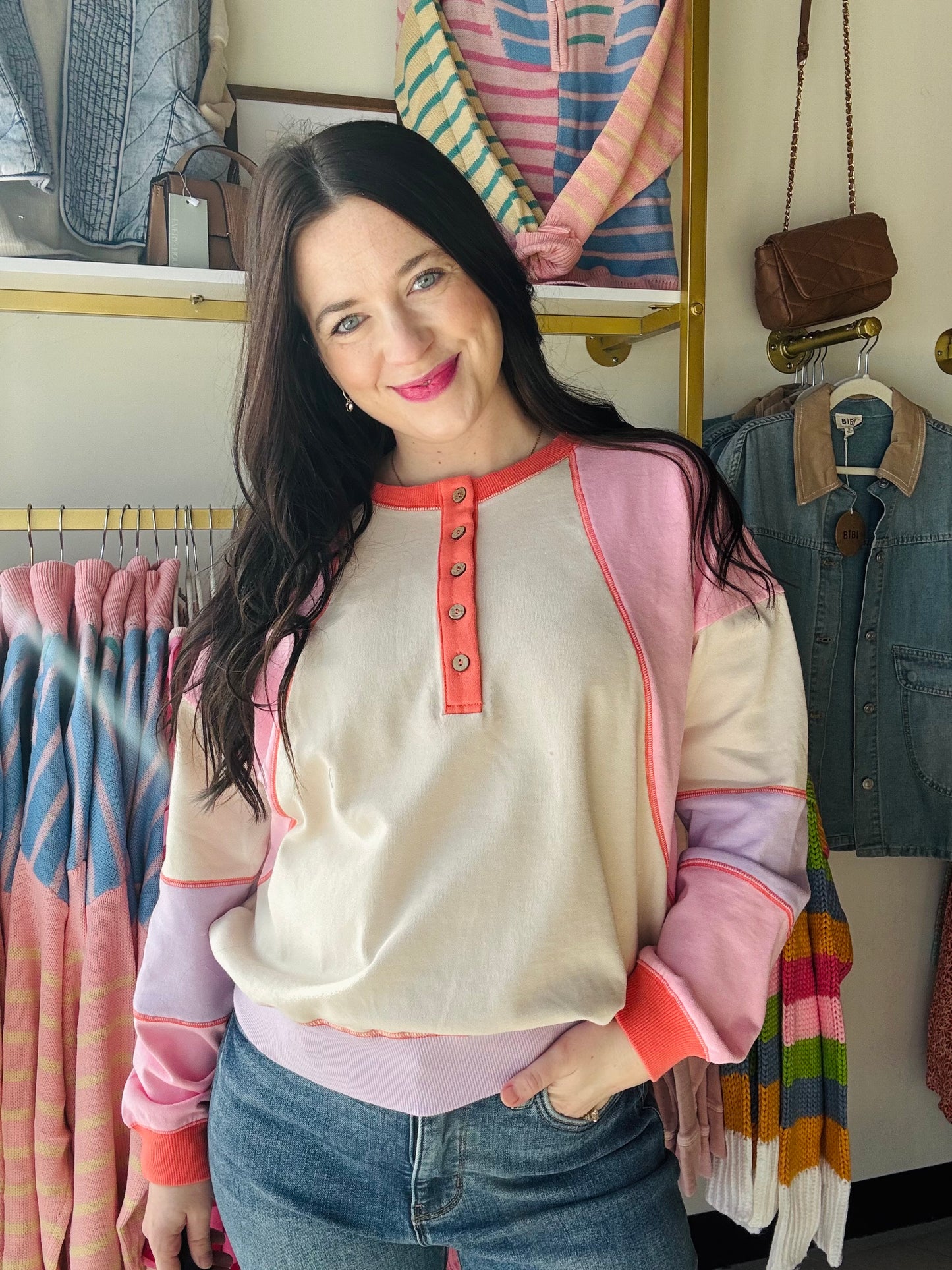 Sand & Coral Block Henley Pullover