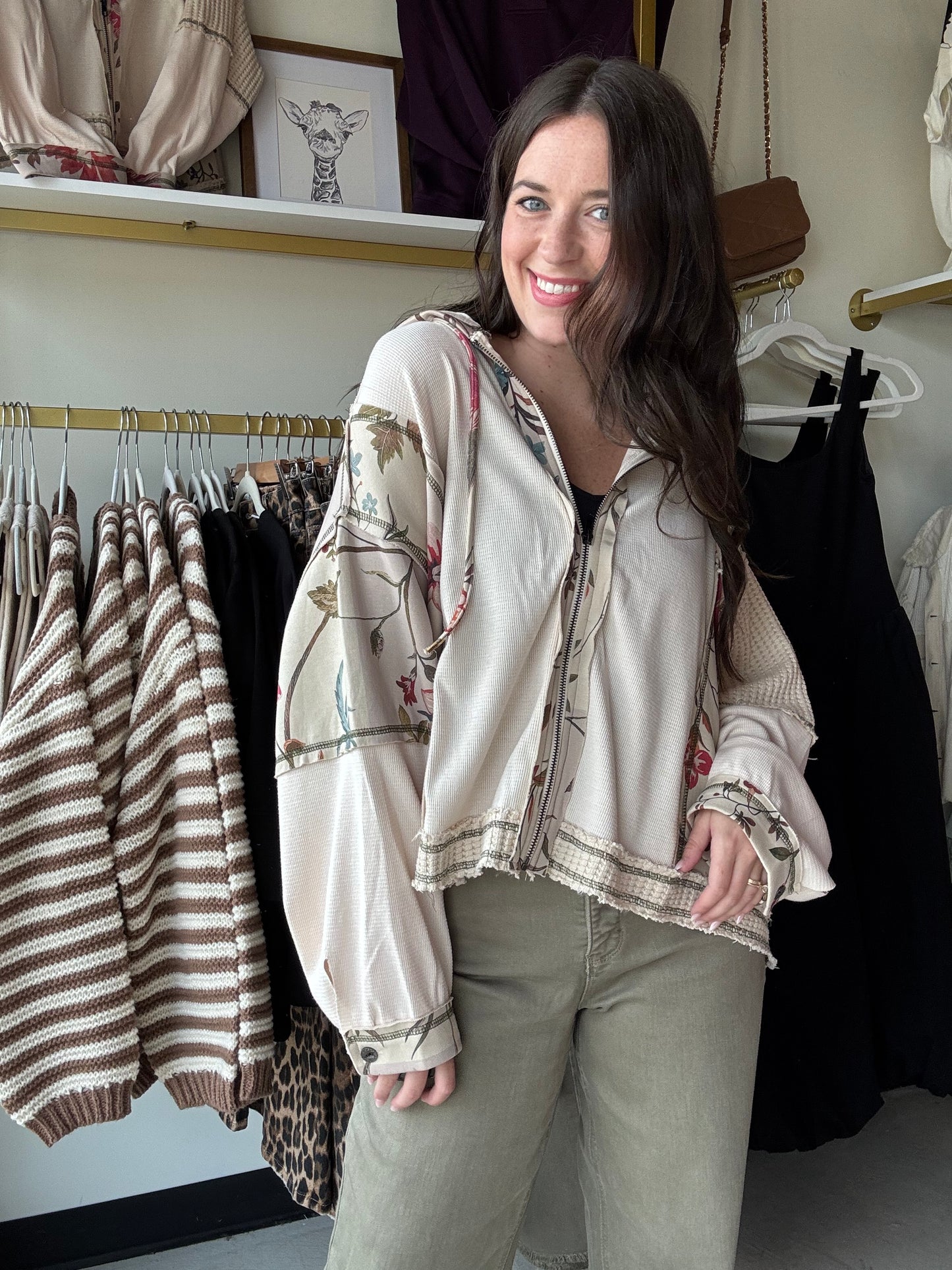 Almond Mixed Fabric Zip Up