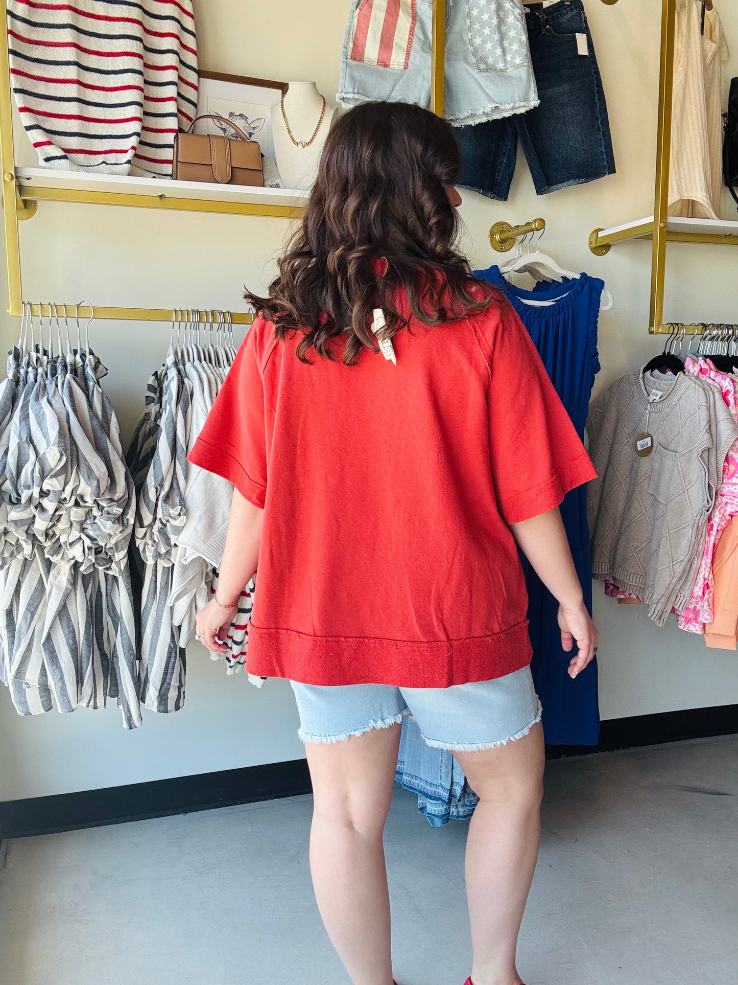 Red Studded Americana Terry Knit Top