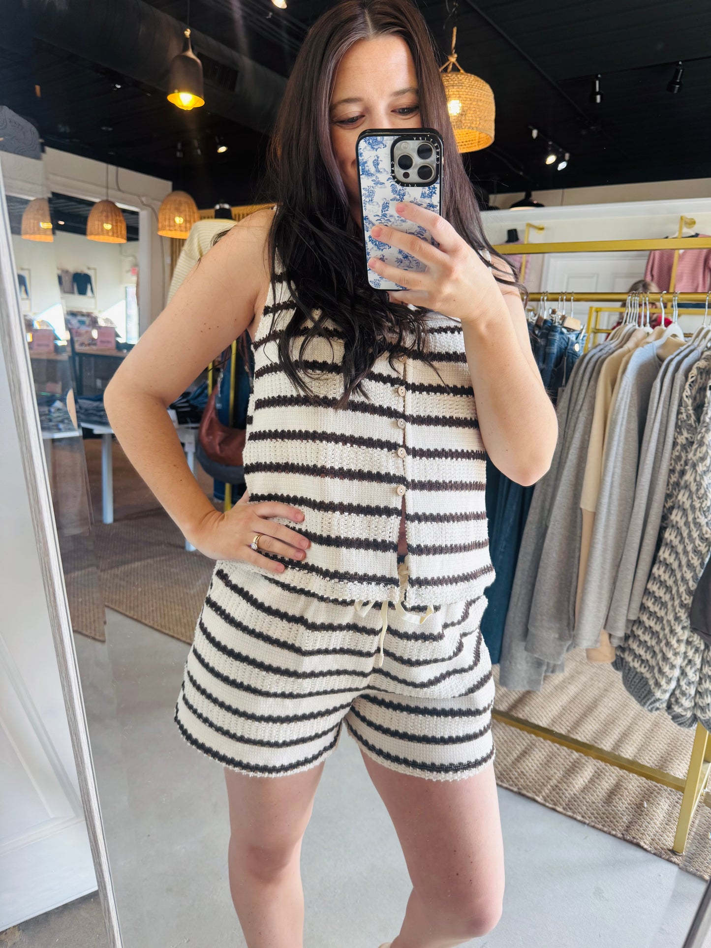 Brown Stripe Crochet Button Tank