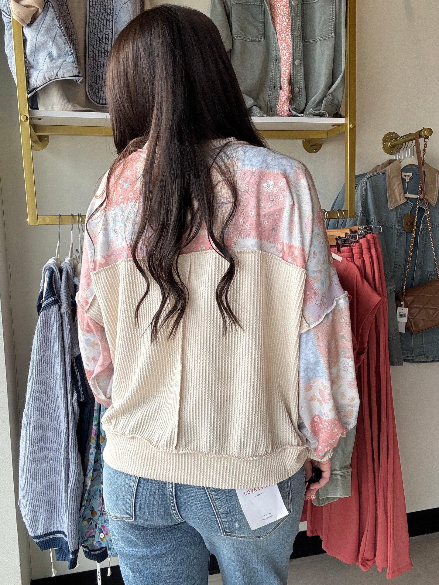 Peach Quilt Print Pullover