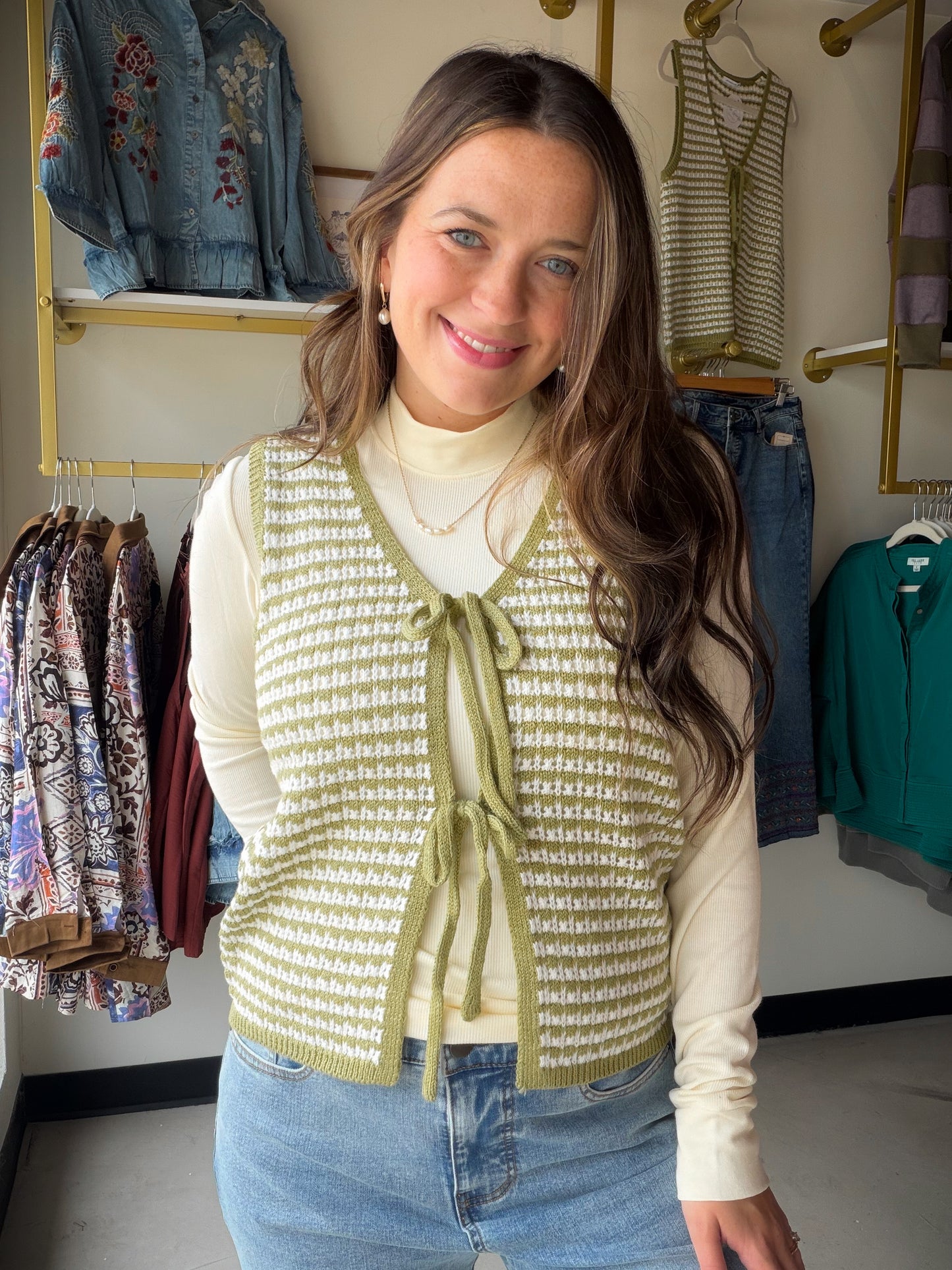 Sage Stripe Crochet Sweater Vest