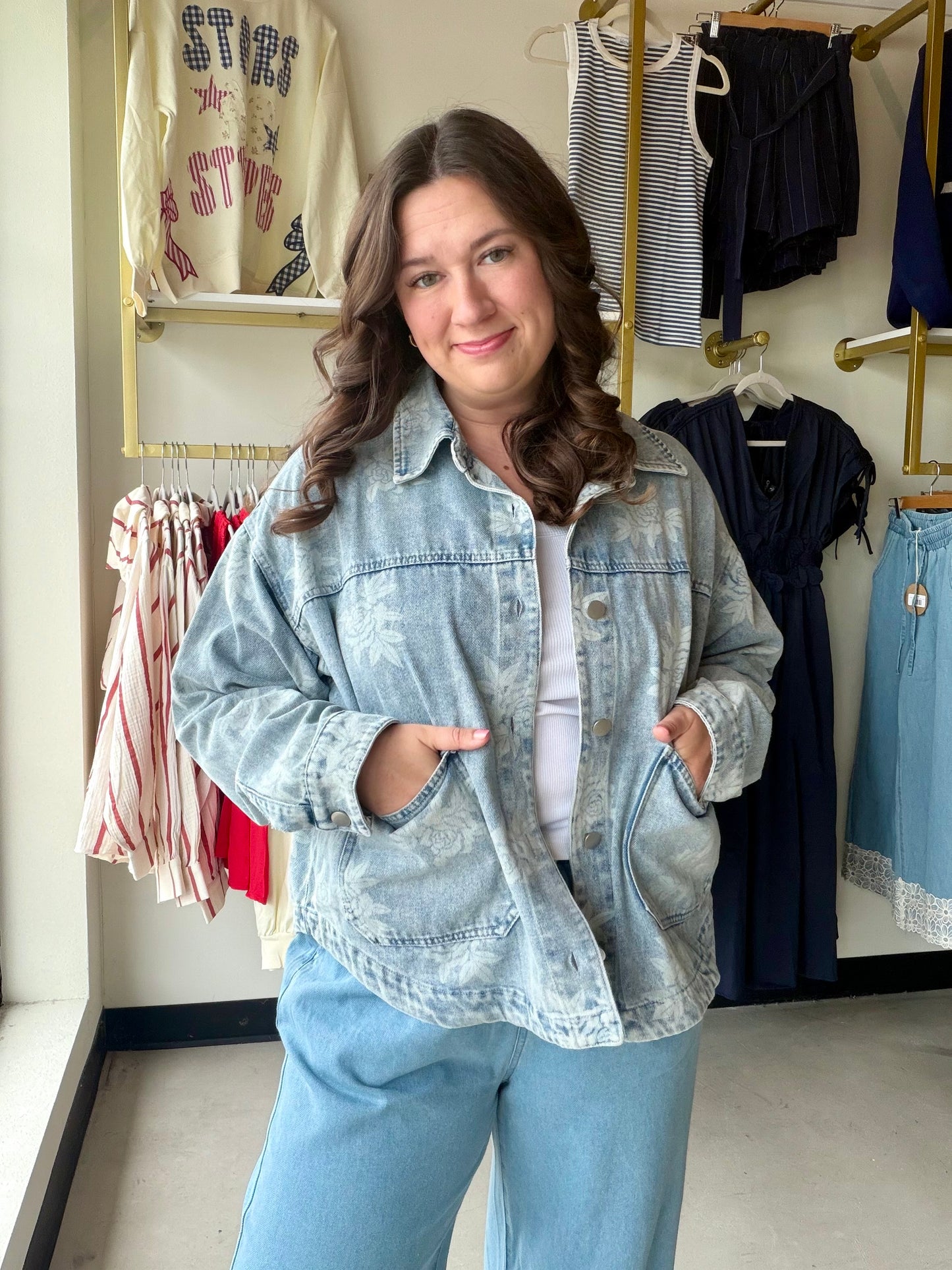 Rose Printed Washed Denim Jacket