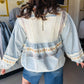 Boho Embroidered Denim & Lace Blouse