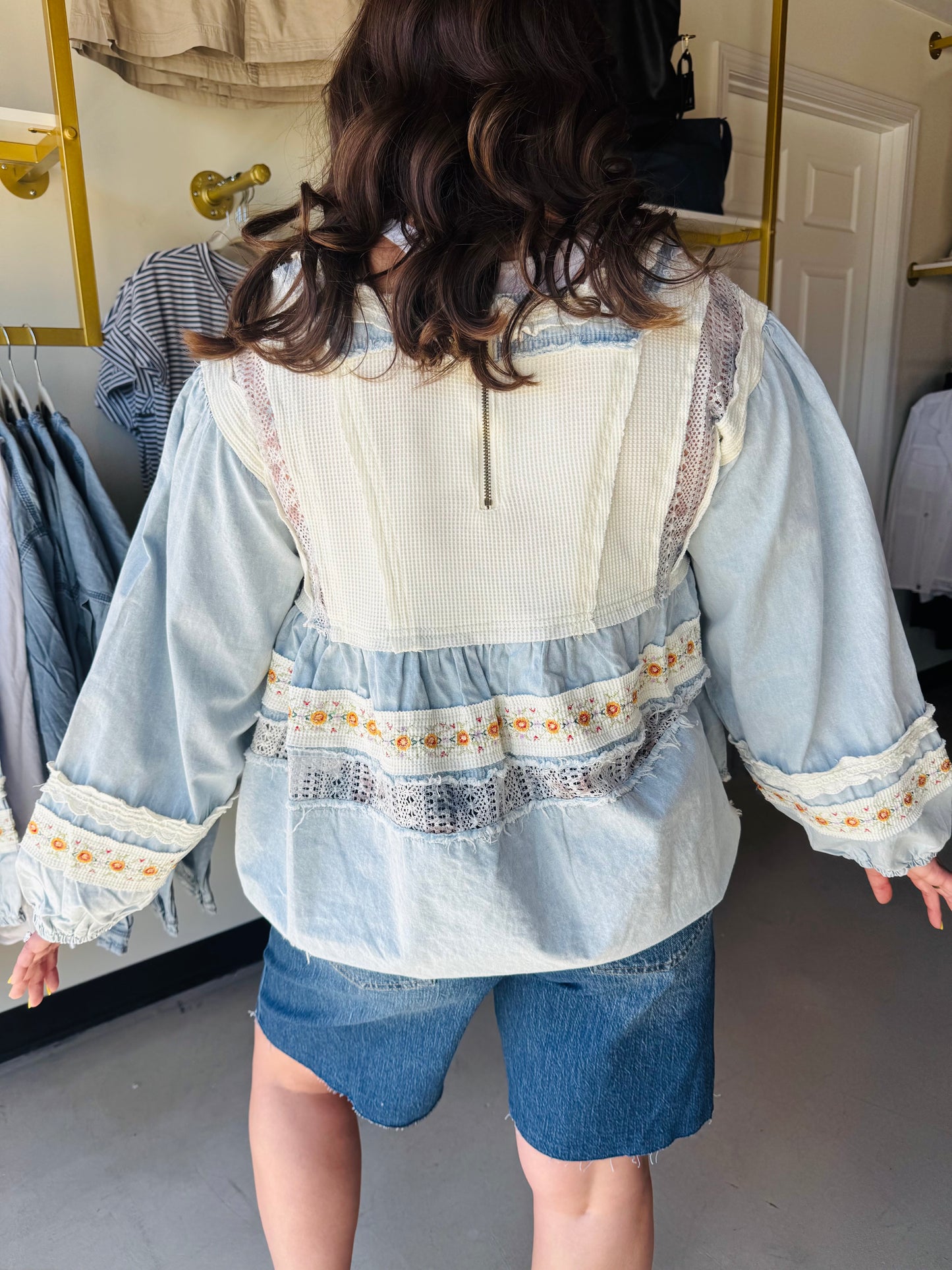 Boho Embroidered Denim & Lace Blouse