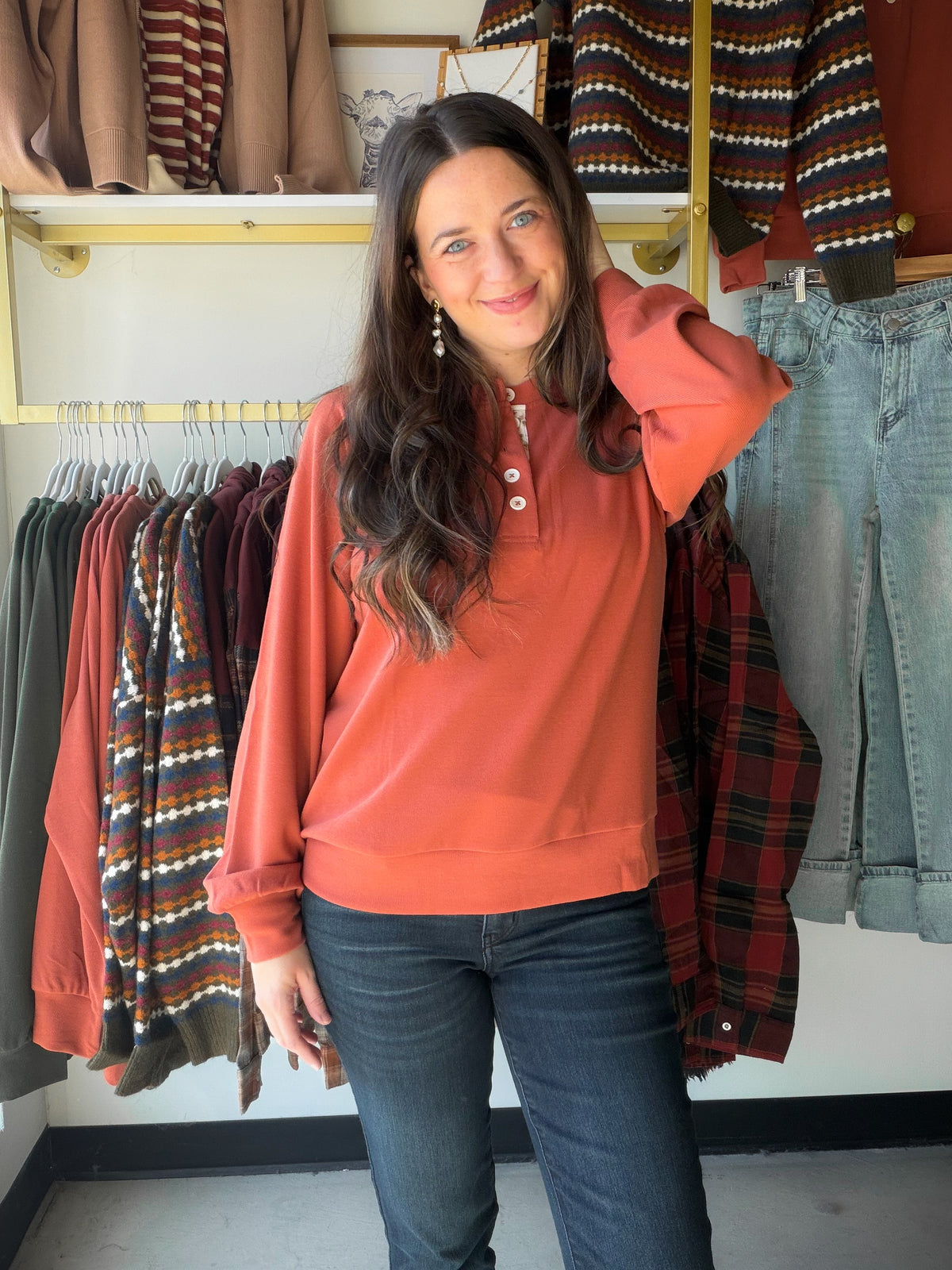 Terracotta Floral Neckline Henley
