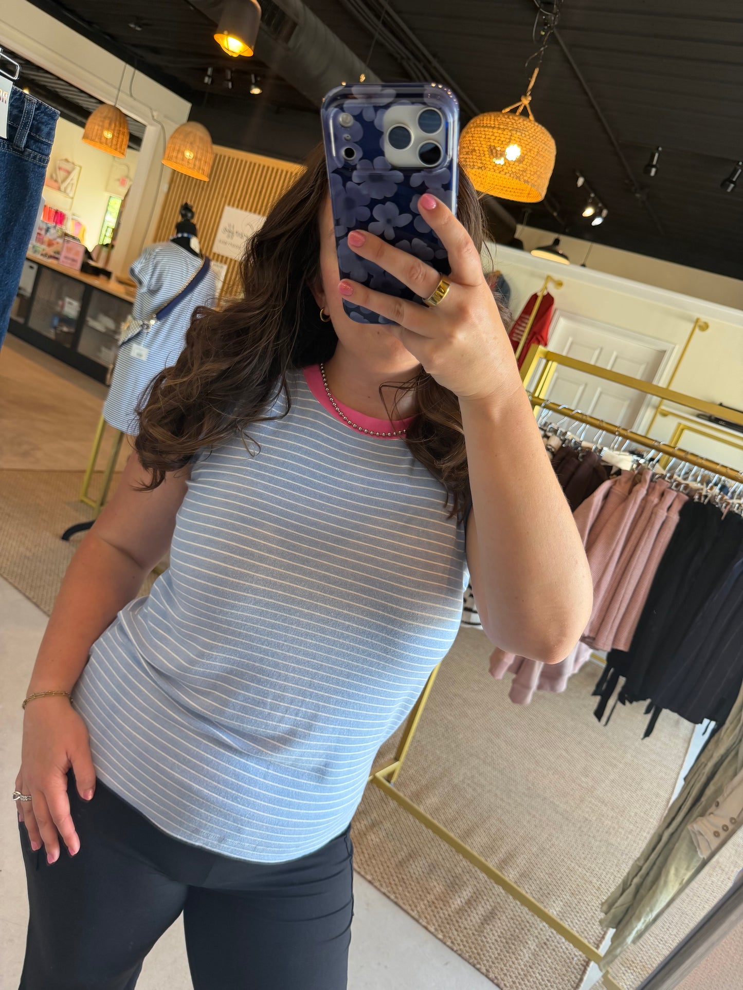 Pink Accent Collar Stripe Tank